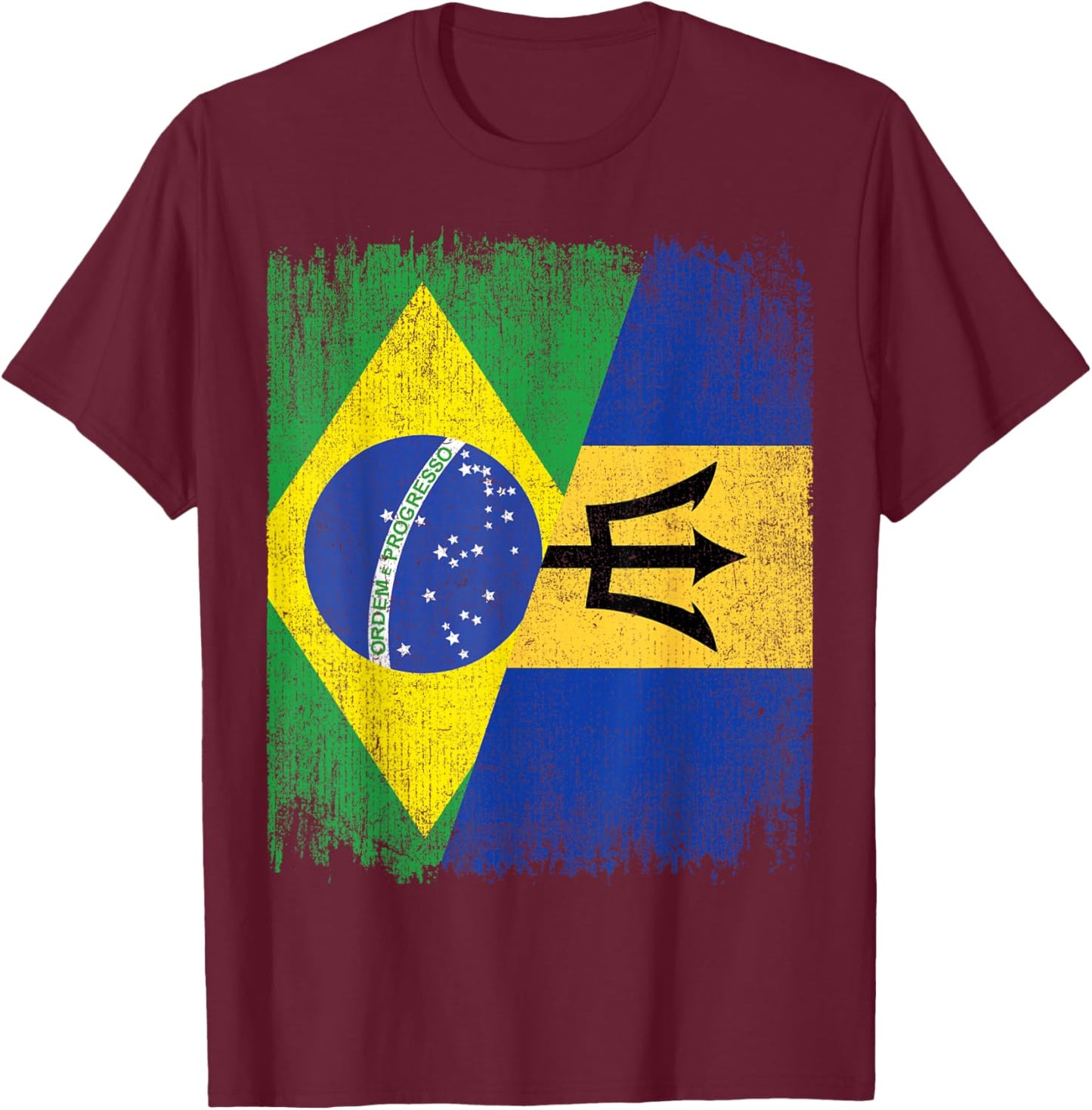 Half Brazil Barbados Split Flag Brazilian Barbadian Roots T-Shirt - T-Shirt | Maroon