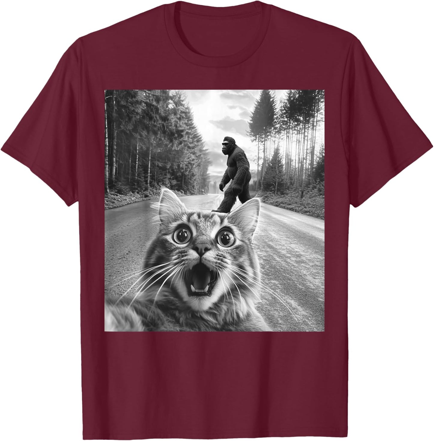 Funny Cat Selfie Bigfoot Big Foot Graphic Sasquatch Meme T-Shirt - T-Shirt | Maroon
