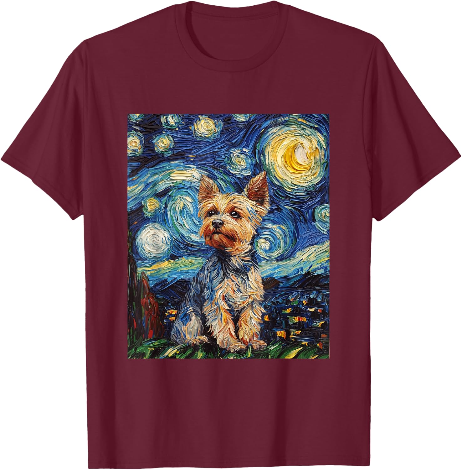 Yorkshire Terrier Yorkie Dog Van Gogh Style Starry Night T-Shirt - T-Shirt | Maroon