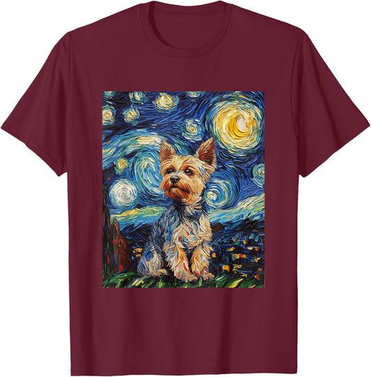 Yorkshire Terrier Yorkie Dog Van Gogh Style Starry Night T-Shirt - T-Shirt | Maroon