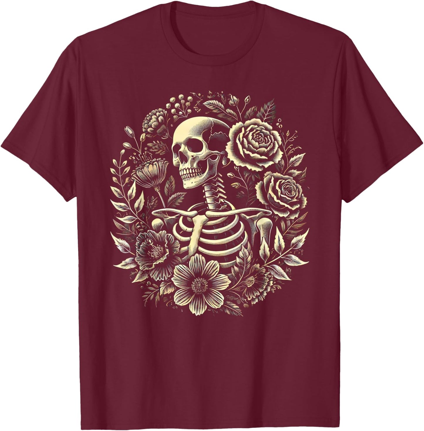 Floral Skeleton Flowers Goth Occult Death Dark Aesthetic T-Shirt - T-Shirt | Maroon