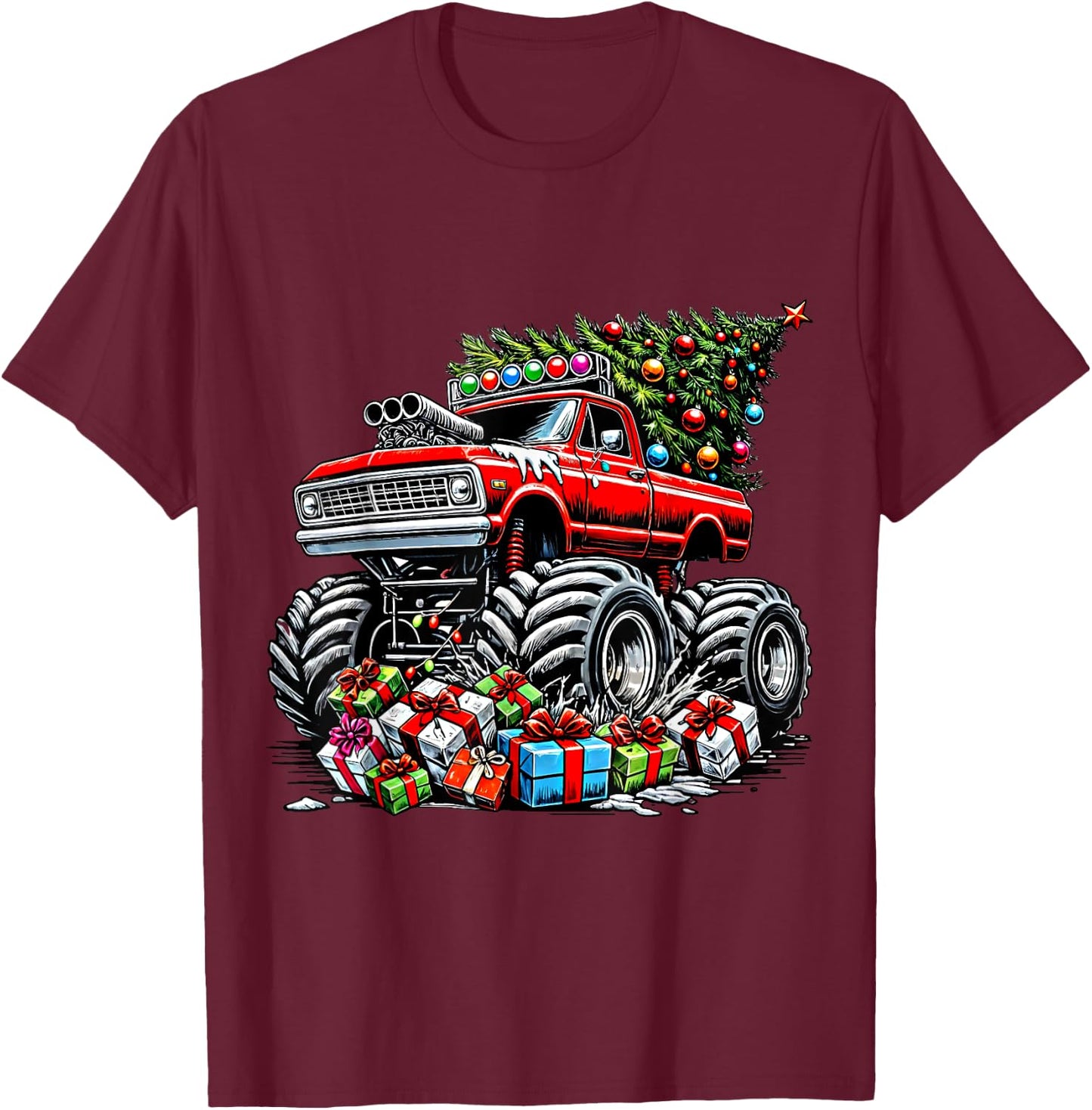 Monster Truck Crushing Christmas Tree Boys Kids Toddler T-Shirt - T-Shirt | Maroon