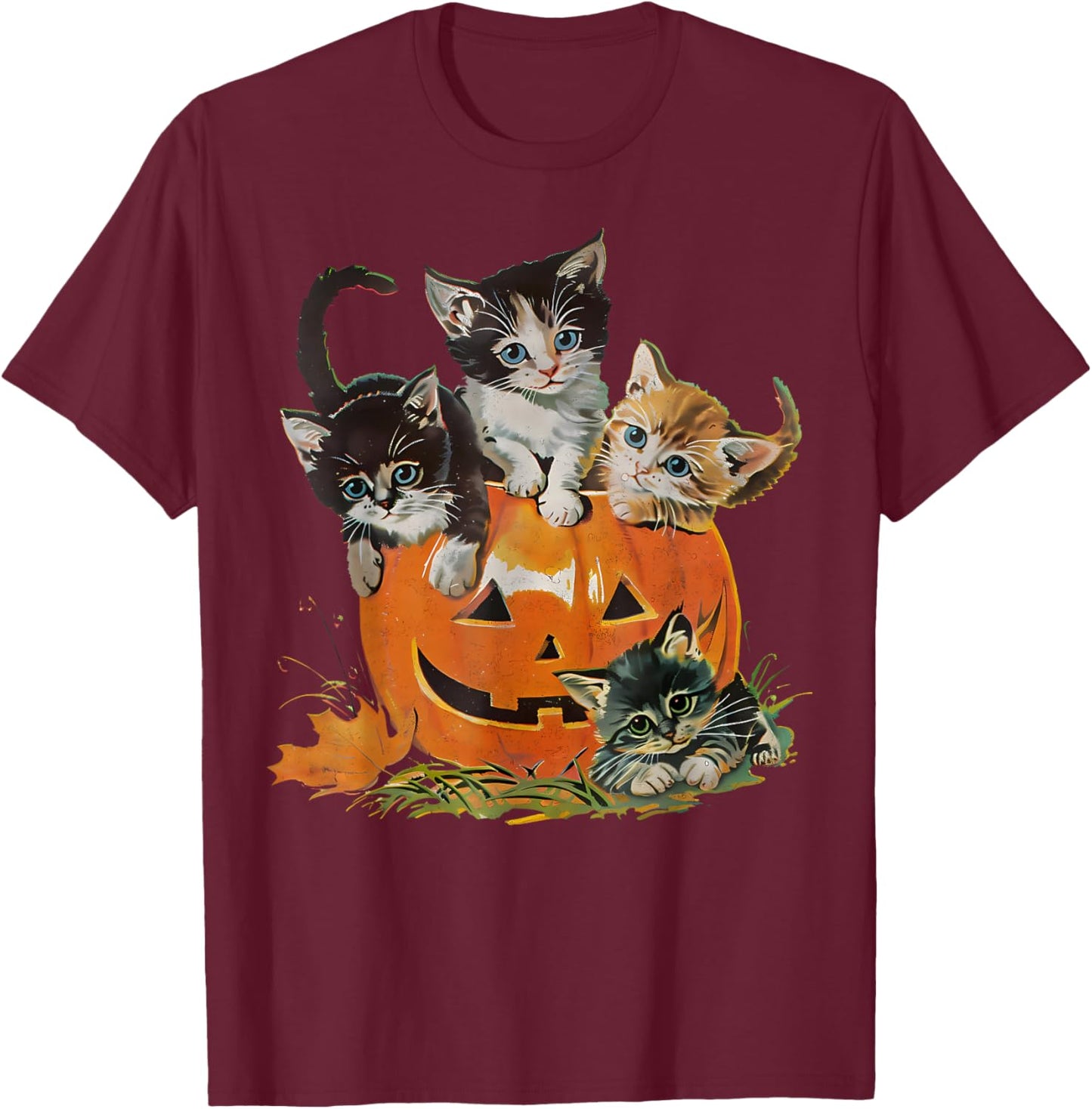 Vintage 90s Cat Pumpkin Halloween Retro Floral Spooky Season T-Shirt - T-Shirt | Maroon