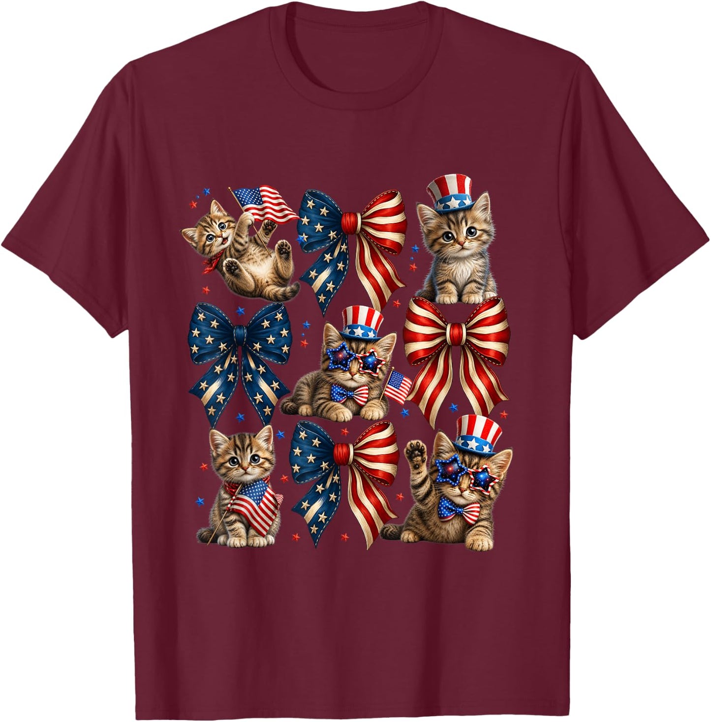 Patriotic Cat USA Flag Bow Independence Day Fourth of July T-Shirt - T-Shirt | Maroon