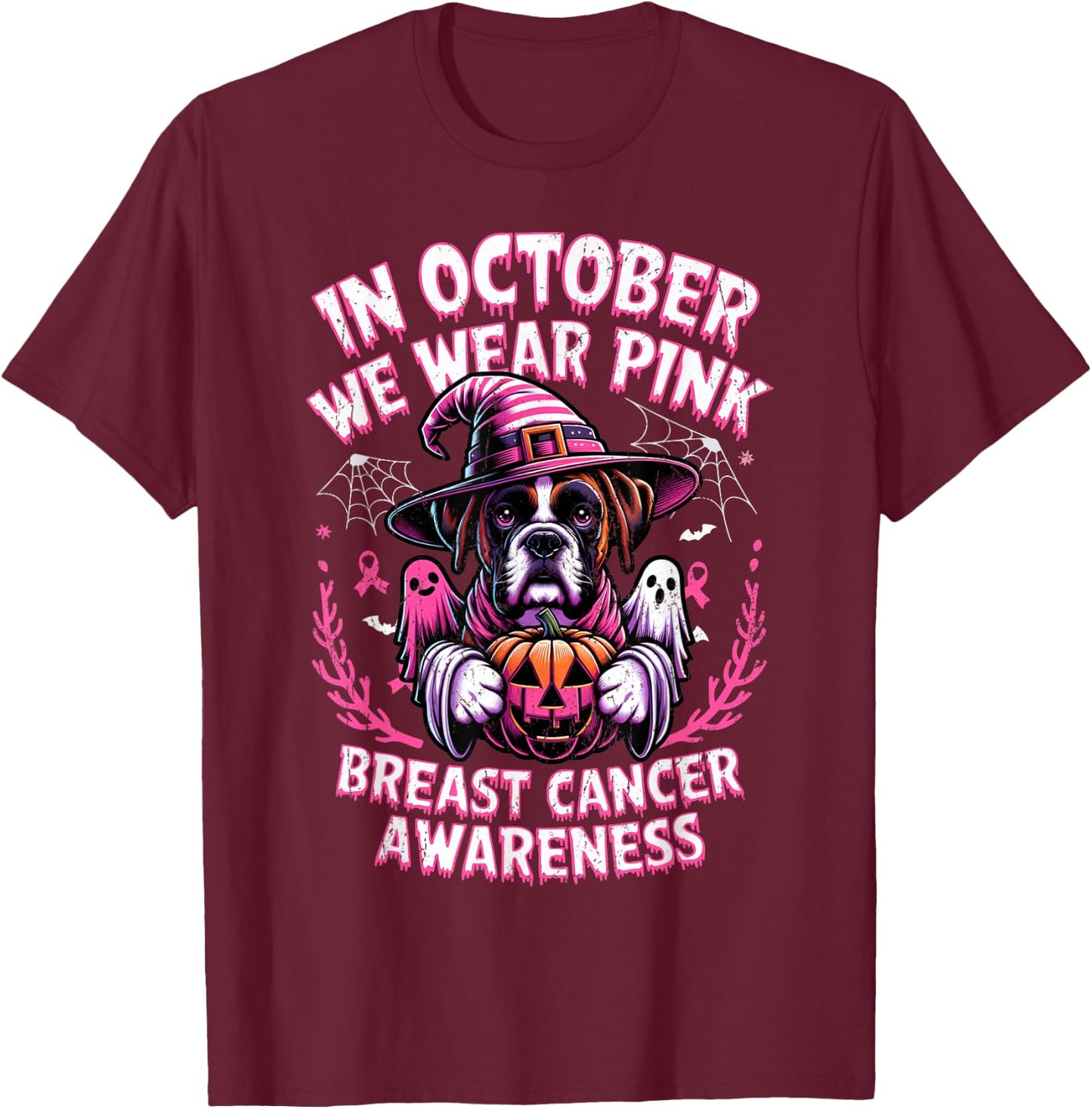 In October We Wear Pink Ghost Boxer Dog Breast Cancer Women Girls Kids T-Shirt - T-Shirt | Maroon
