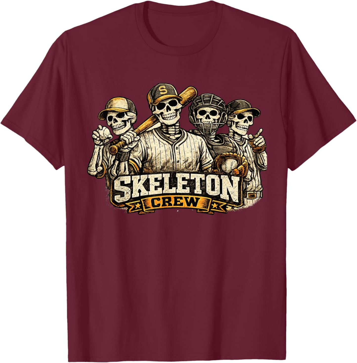 Skeleton Crew Baseball Halloween T-Shirt - T-Shirt | Maroon