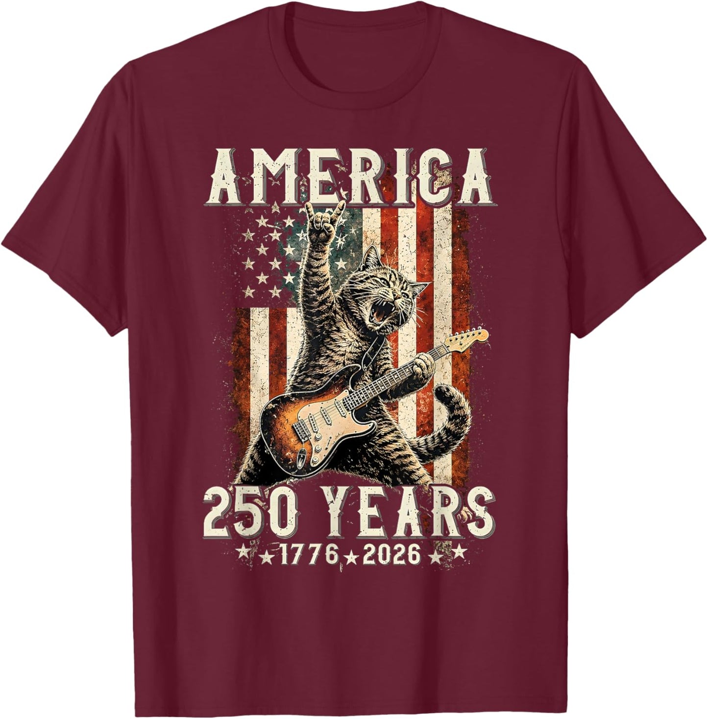 Retro Cat Playing Guitar Rock Star 250 Years Women T-Shirt - T-Shirt | Maroon