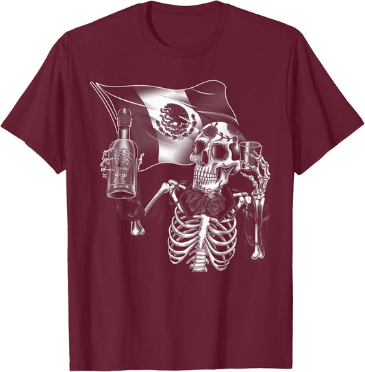 Mexico Vintage Skeleton Tequila Dia De Los Muertos Mexican T-Shirt - T-Shirt | Maroon
