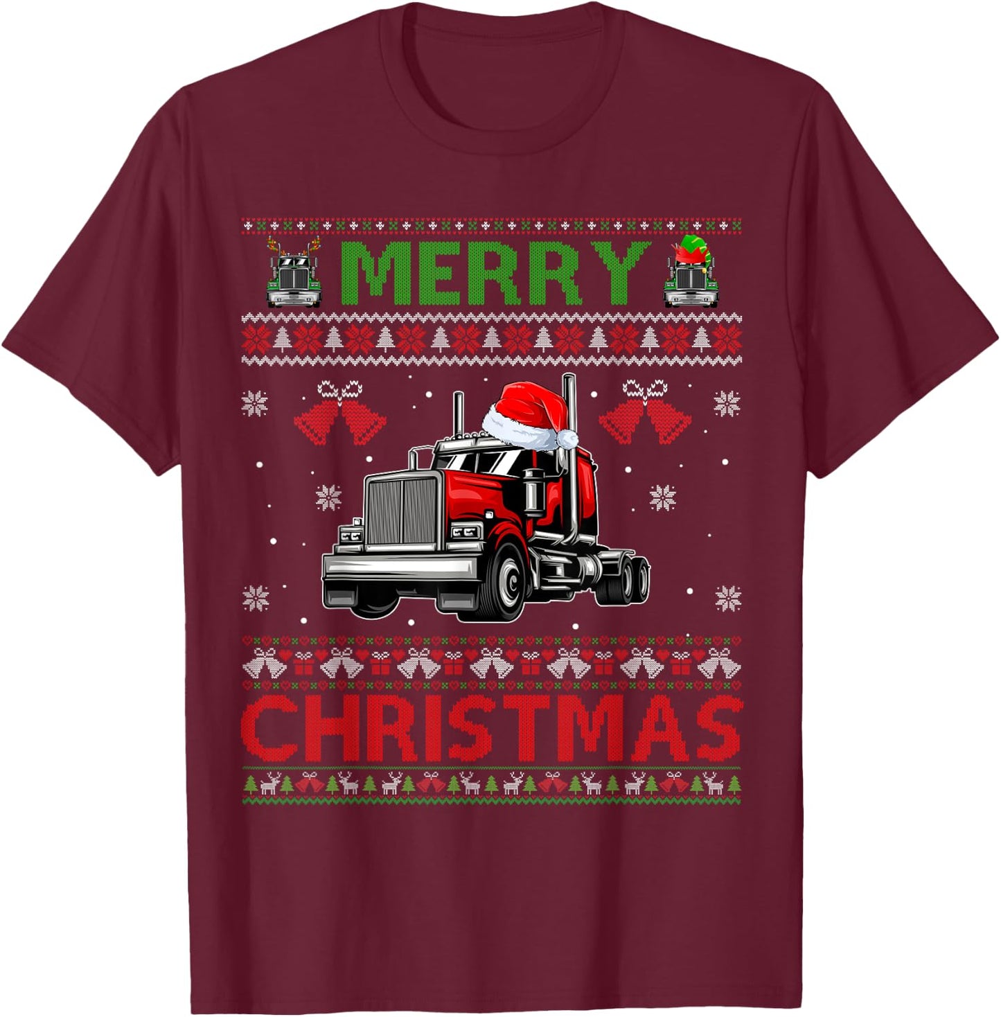 Merry Christmas Elf Reindeer Santa Trucker Ugly Xmas Sweater T-Shirt - T-Shirt | Maroon