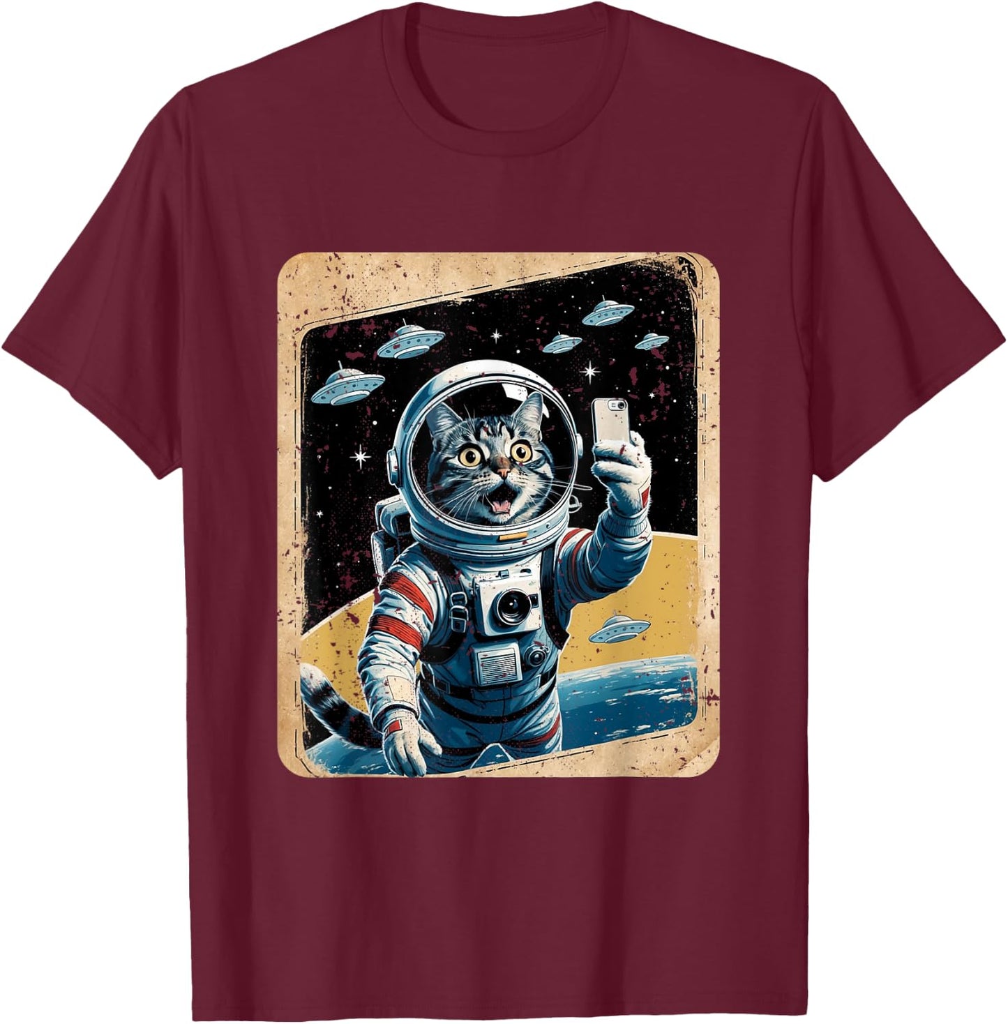 Space Cat Astronaut UFO Funny Sci-fi Alien Selfie T-Shirt - T-Shirt | Maroon