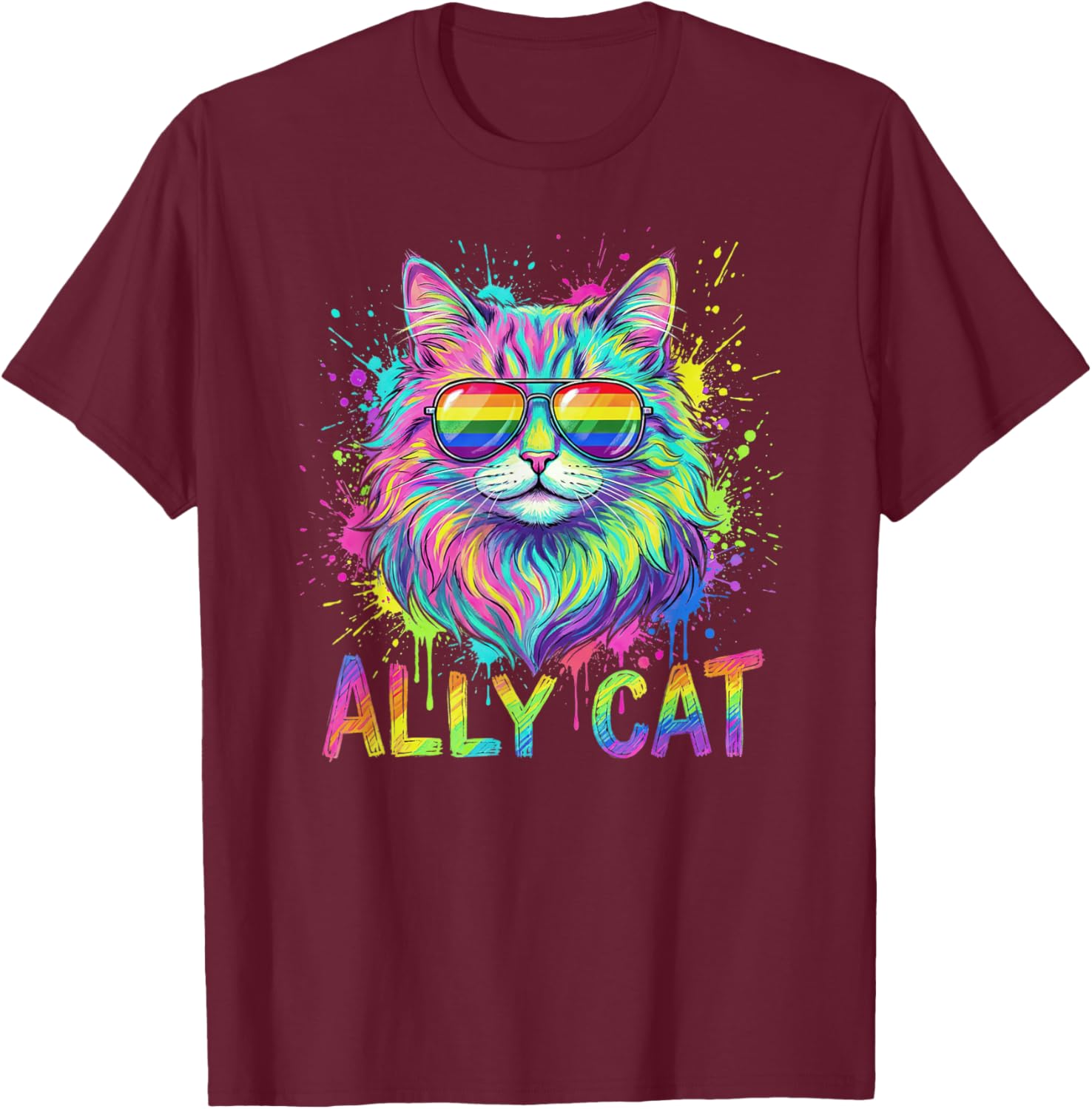 Ally Cat LGBTQ Rainbow Pride Month Purride Animal Men Women T-Shirt - T-Shirt | Maroon