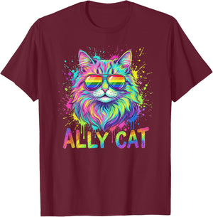 Ally Cat LGBTQ Rainbow Pride Month Purride Animal Men Women T-Shirt - T-Shirt | Maroon
