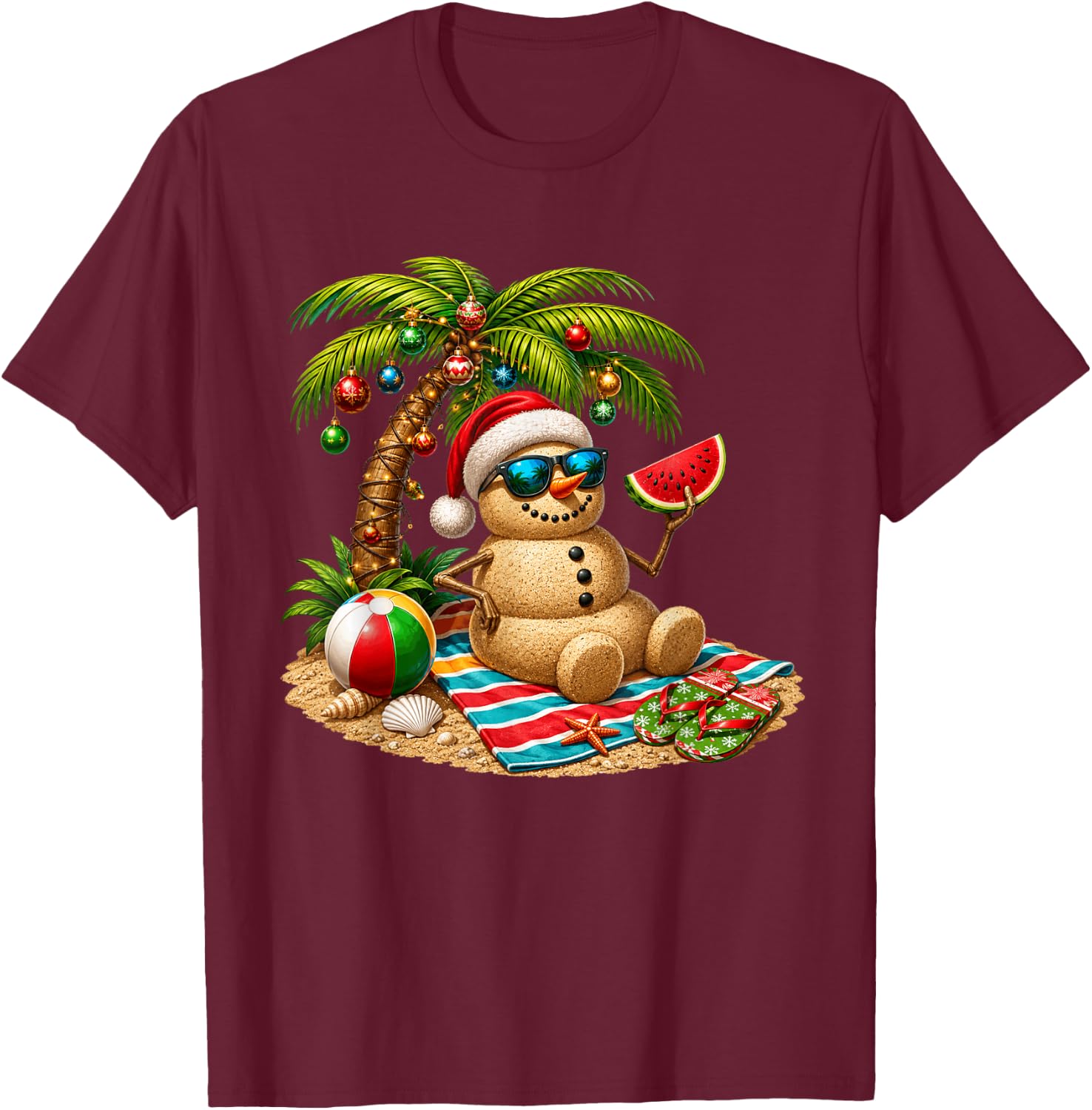 Christmas in July Santa Snowman Beach Summer Xmas in June T-Shirt - T-Shirt | Maroon