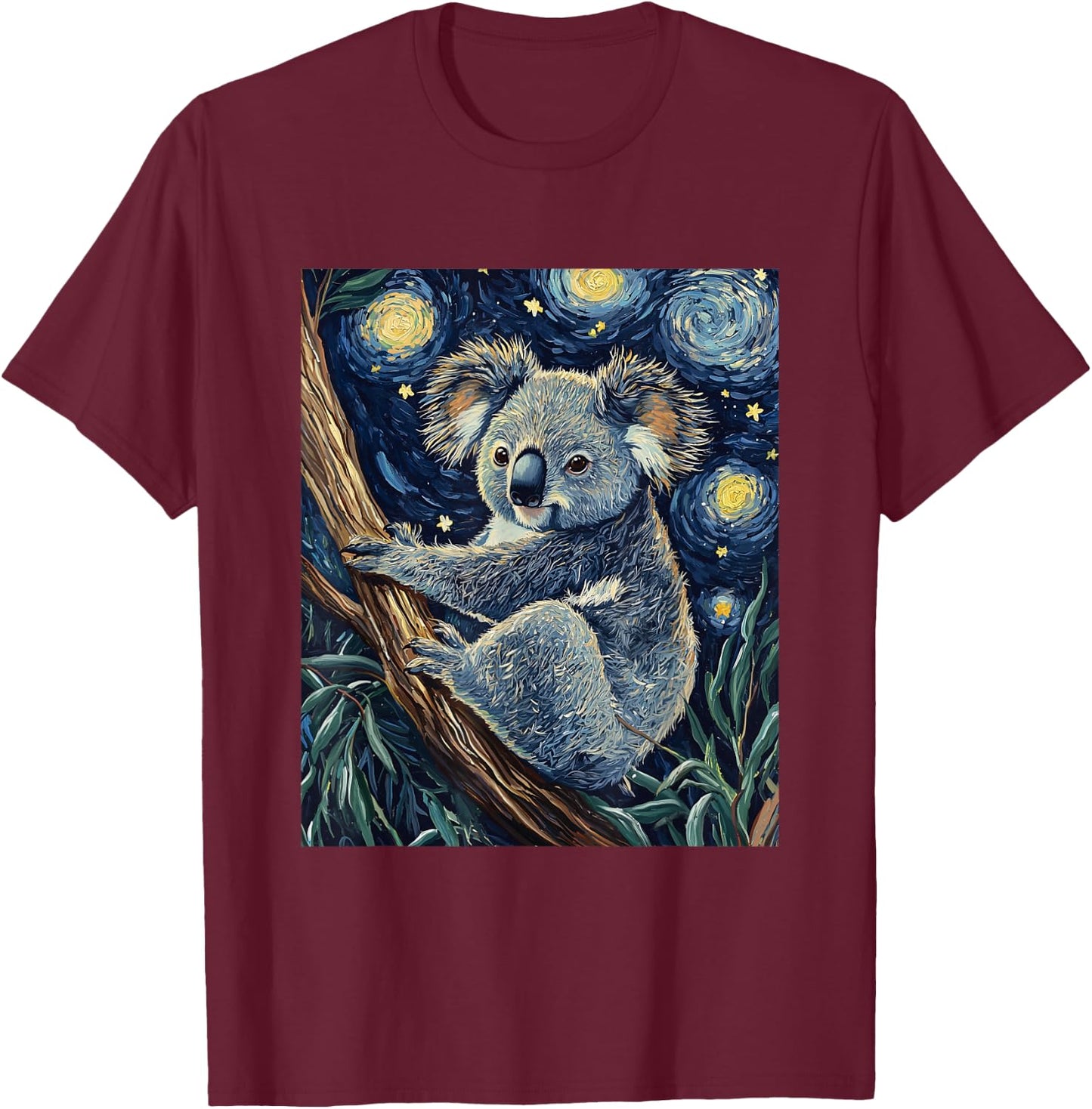 Cute Koala Bear - Van Gogh Style - Starry Night Graphic T-Shirt - T-Shirt | Maroon