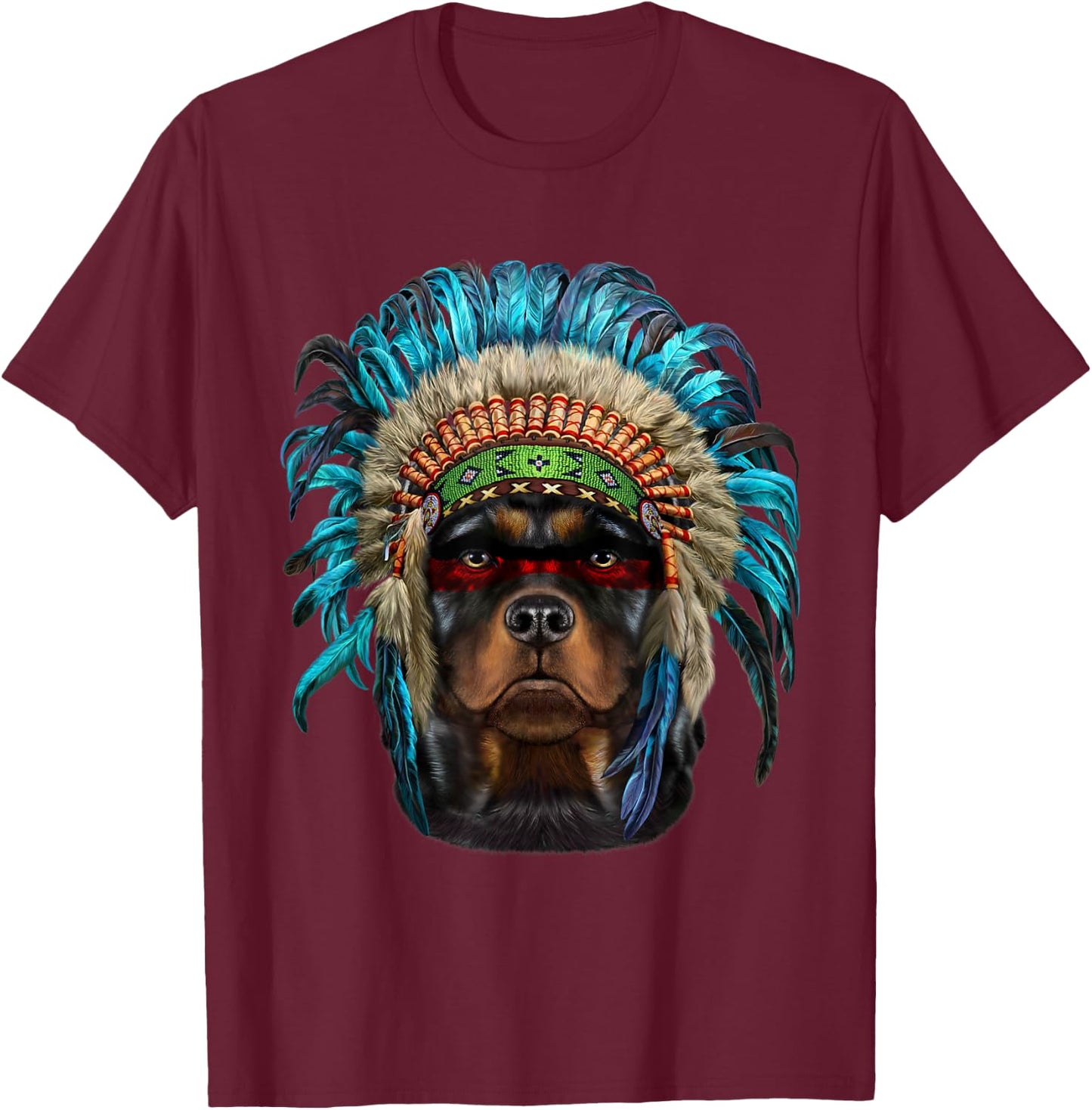 Rottweiler Dog wearing Native American Indian Headdress Men Women Kids T-Shirt - T-Shirt | Maroon