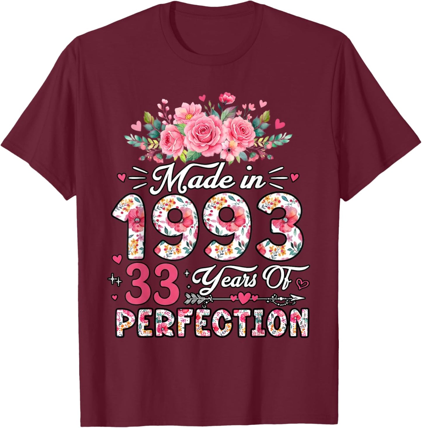 33 Birthday Decorations Men Women Bday 33rd Birthday Floral T-Shirt - T-Shirt | Maroon