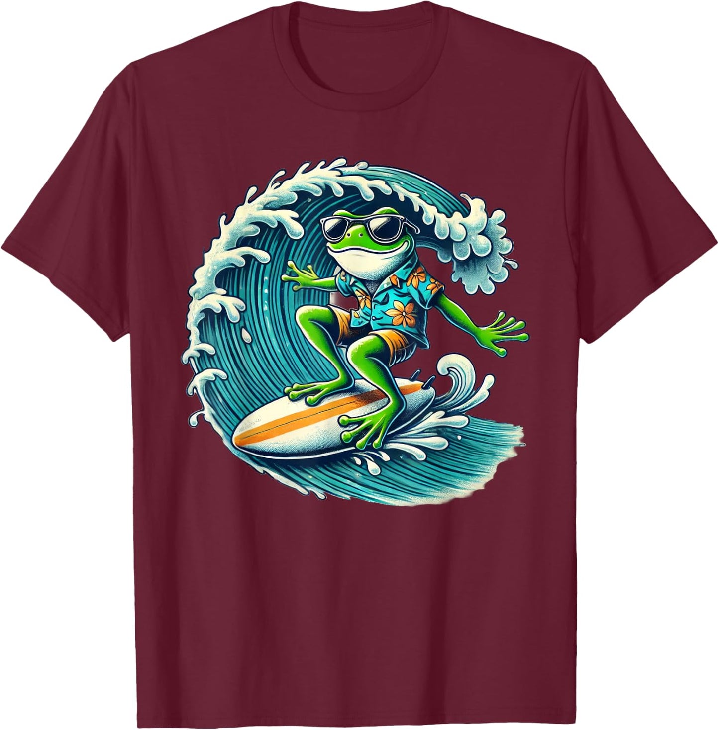 Frog Wearing Sunglasses Surfing T-Shirt - T-Shirt | Maroon