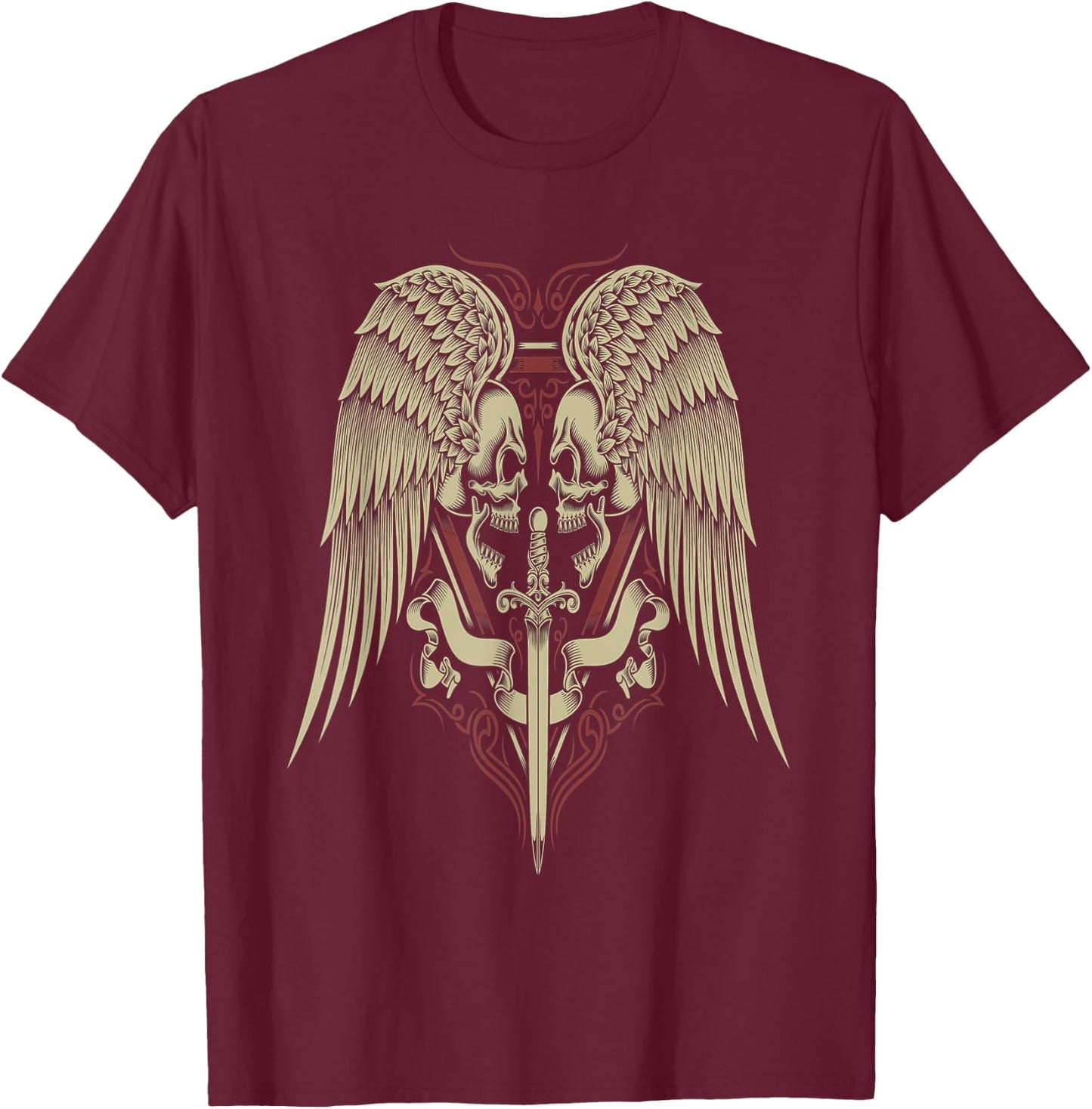 Skull Motorcycle Biker Medieval Sword Angel Wings Goth T-Shirt - T-Shirt | Maroon