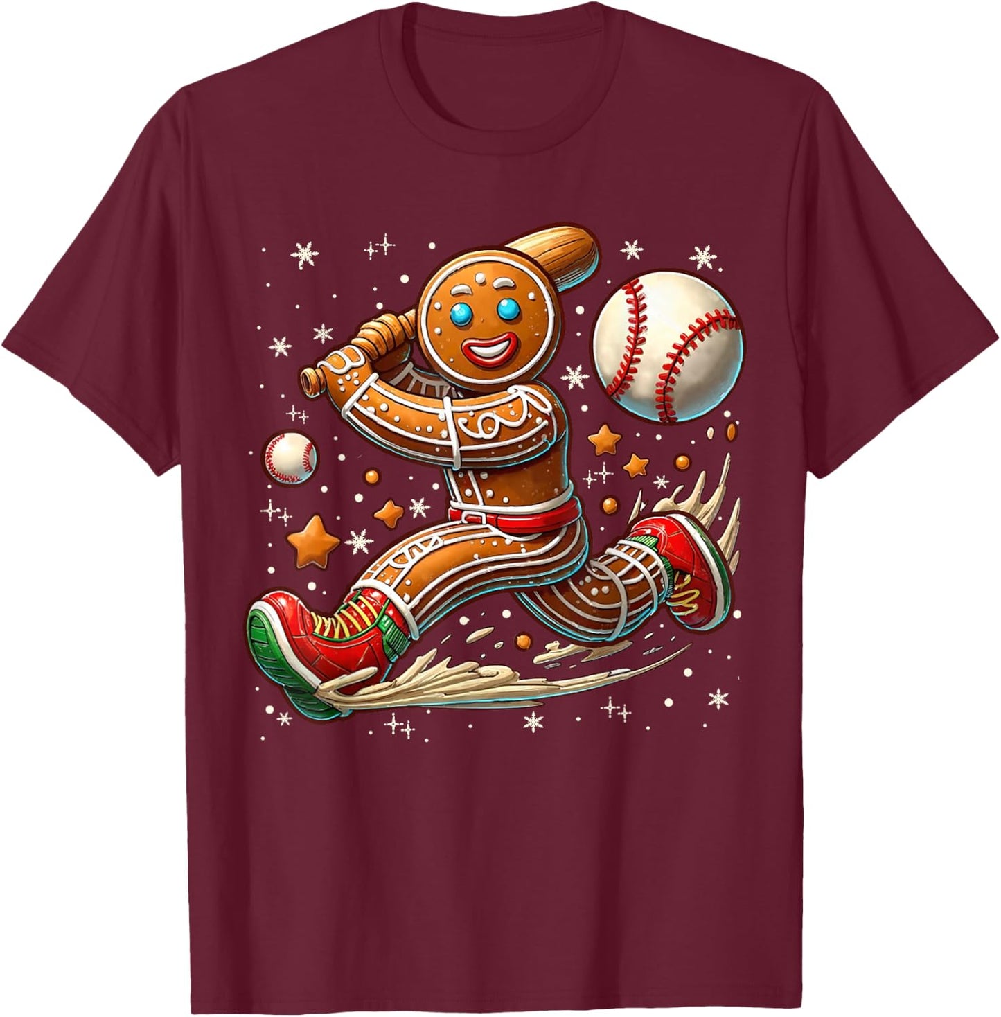 Christmas Gingerbread Man Sports Player Funny Baseball Xmas T-Shirt - T-Shirt | Maroon