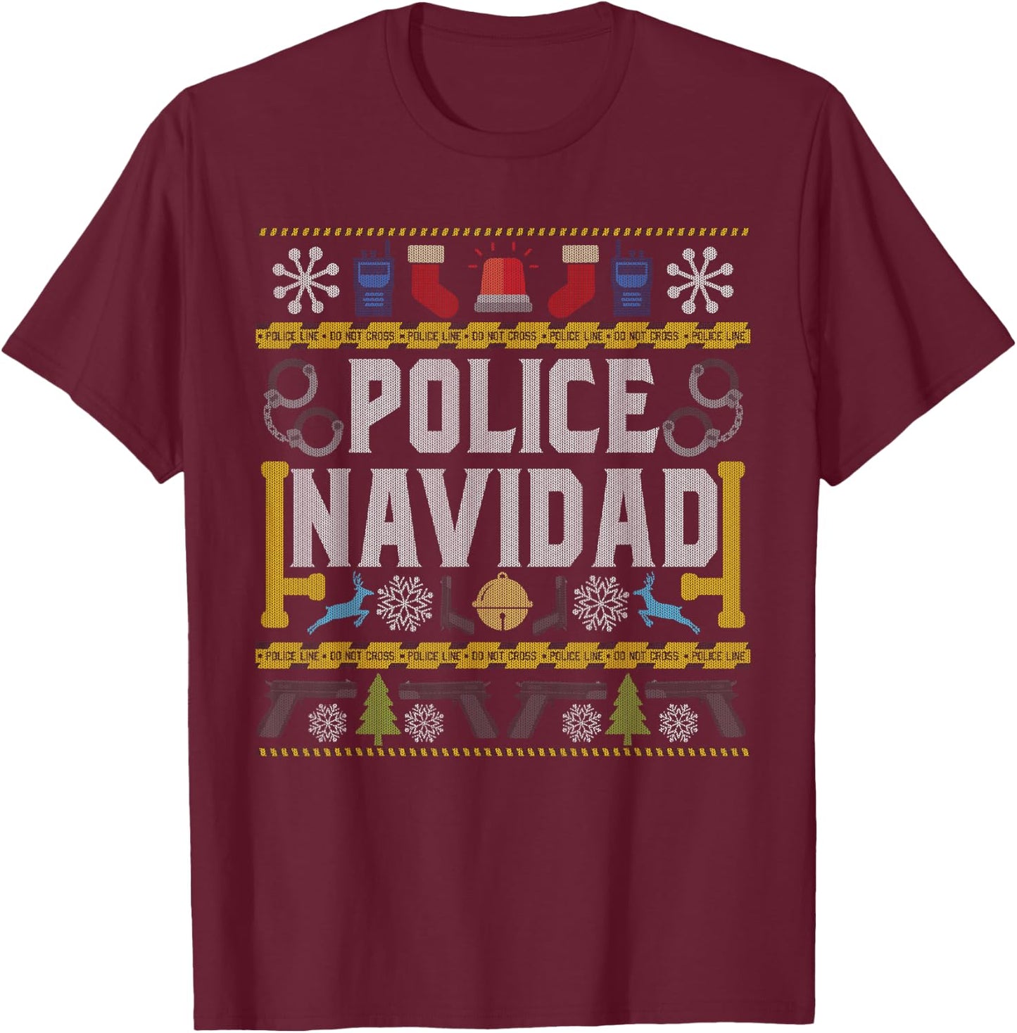 Ugly Sweater Police Navidad Christmas Novelty T-Shirt - T-Shirt | Maroon