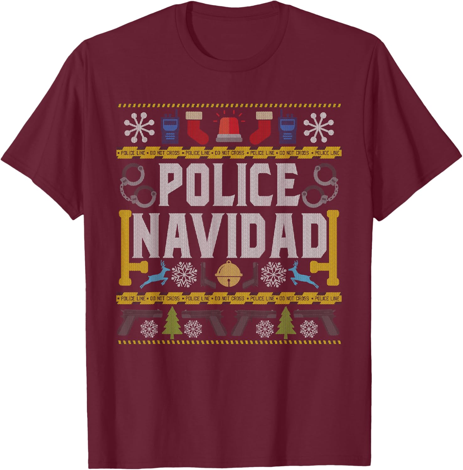 Ugly Sweater Police Navidad Christmas Novelty T-Shirt - T-Shirt | Maroon