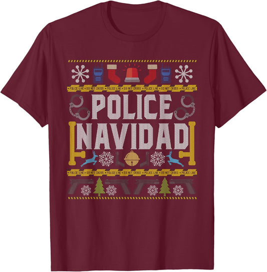Ugly Sweater Police Navidad Christmas Novelty T-Shirt - T-Shirt | Maroon
