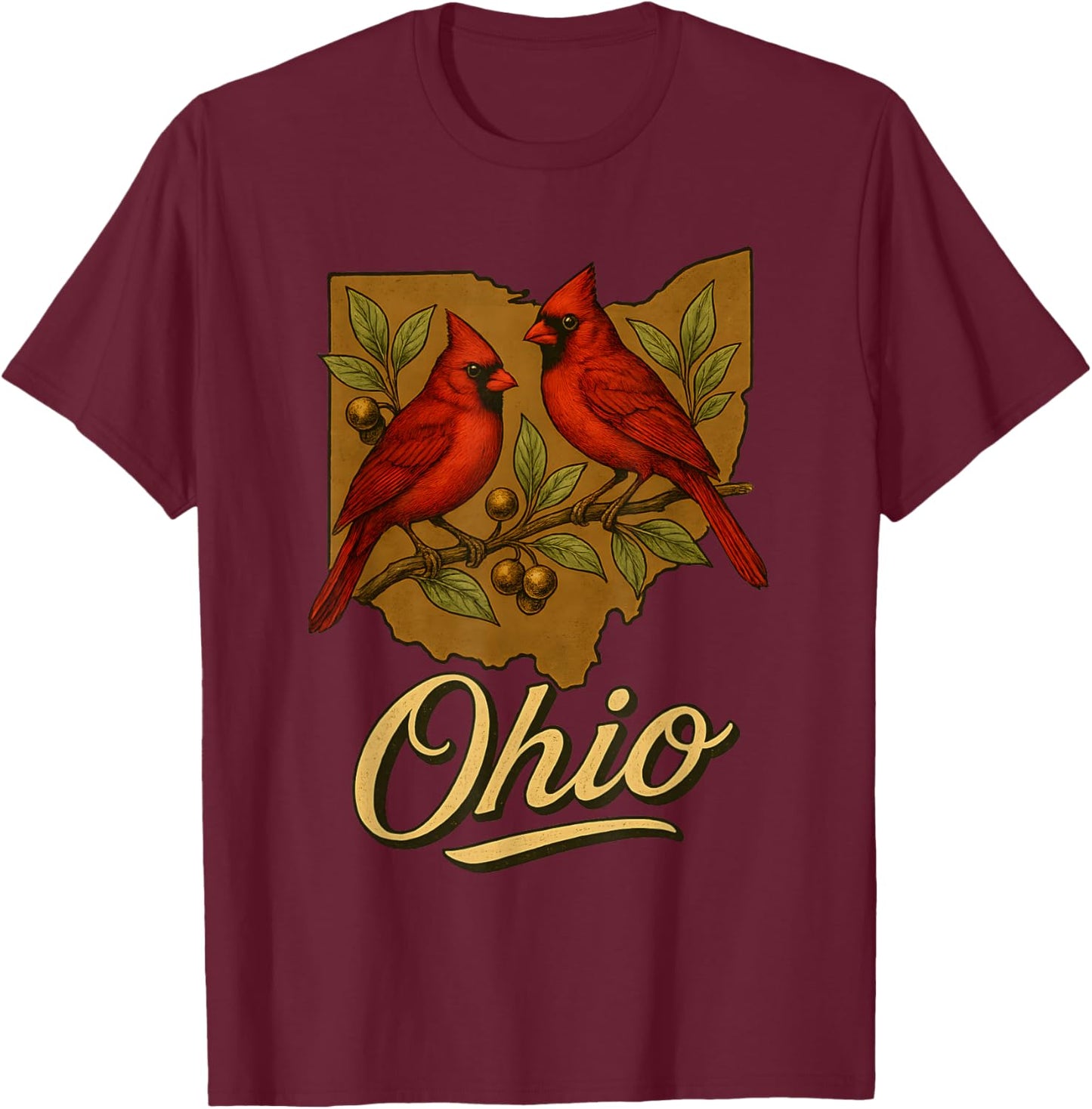 Ohio Cardinal Birds with State Outline Nature Art T-Shirt - T-Shirt | Maroon