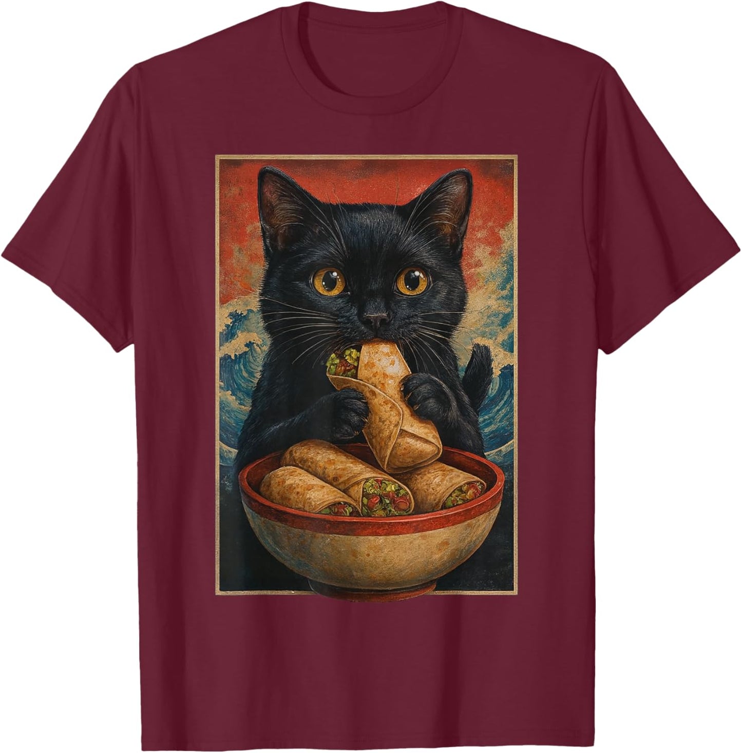 Black Cat Eating Burrito Retro Japanese T-Shirt - T-Shirt | Maroon