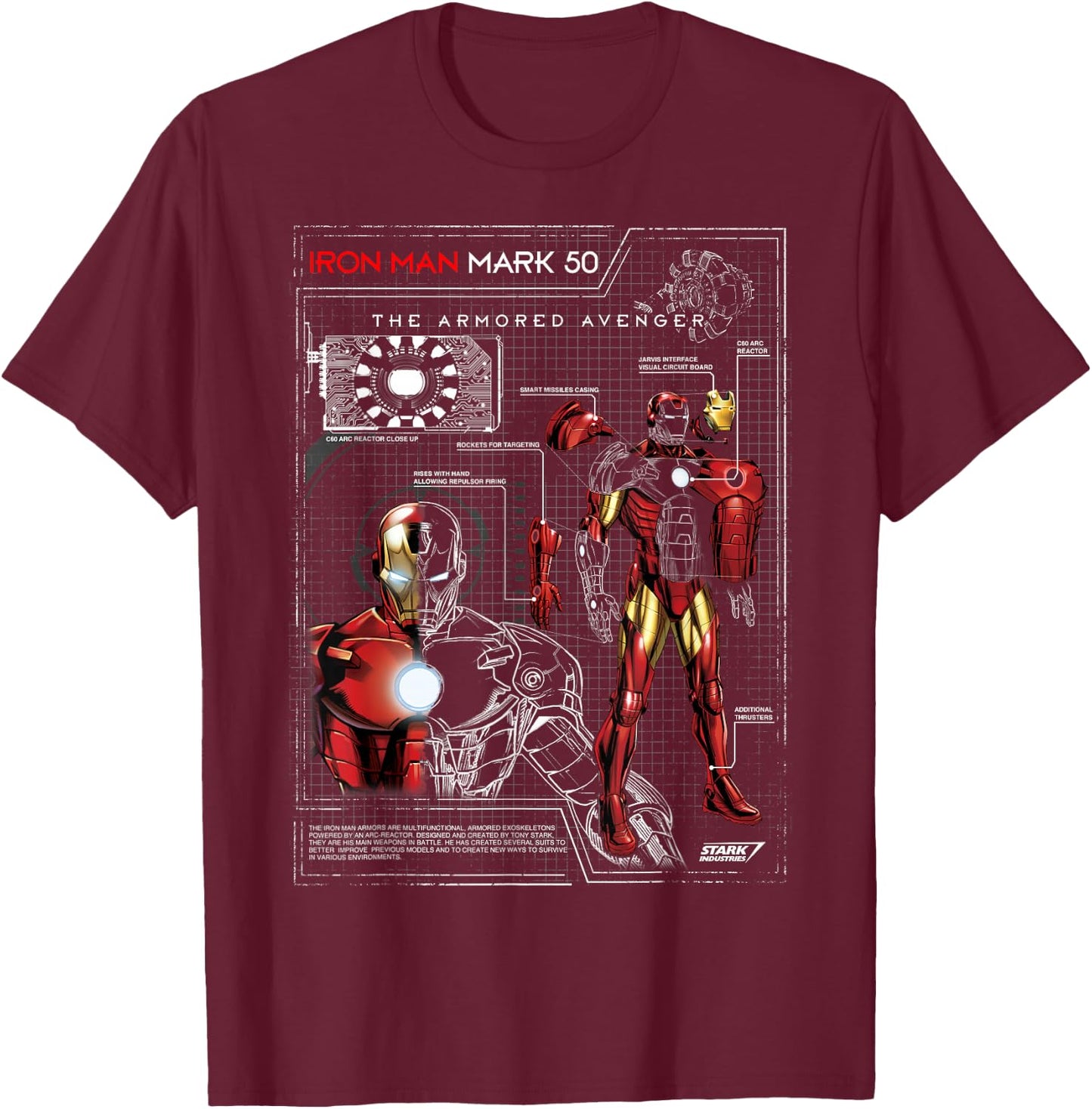 Iron Man Armor Plated Suit Blue Print Schematic T-Shirt - T-Shirt | Maroon