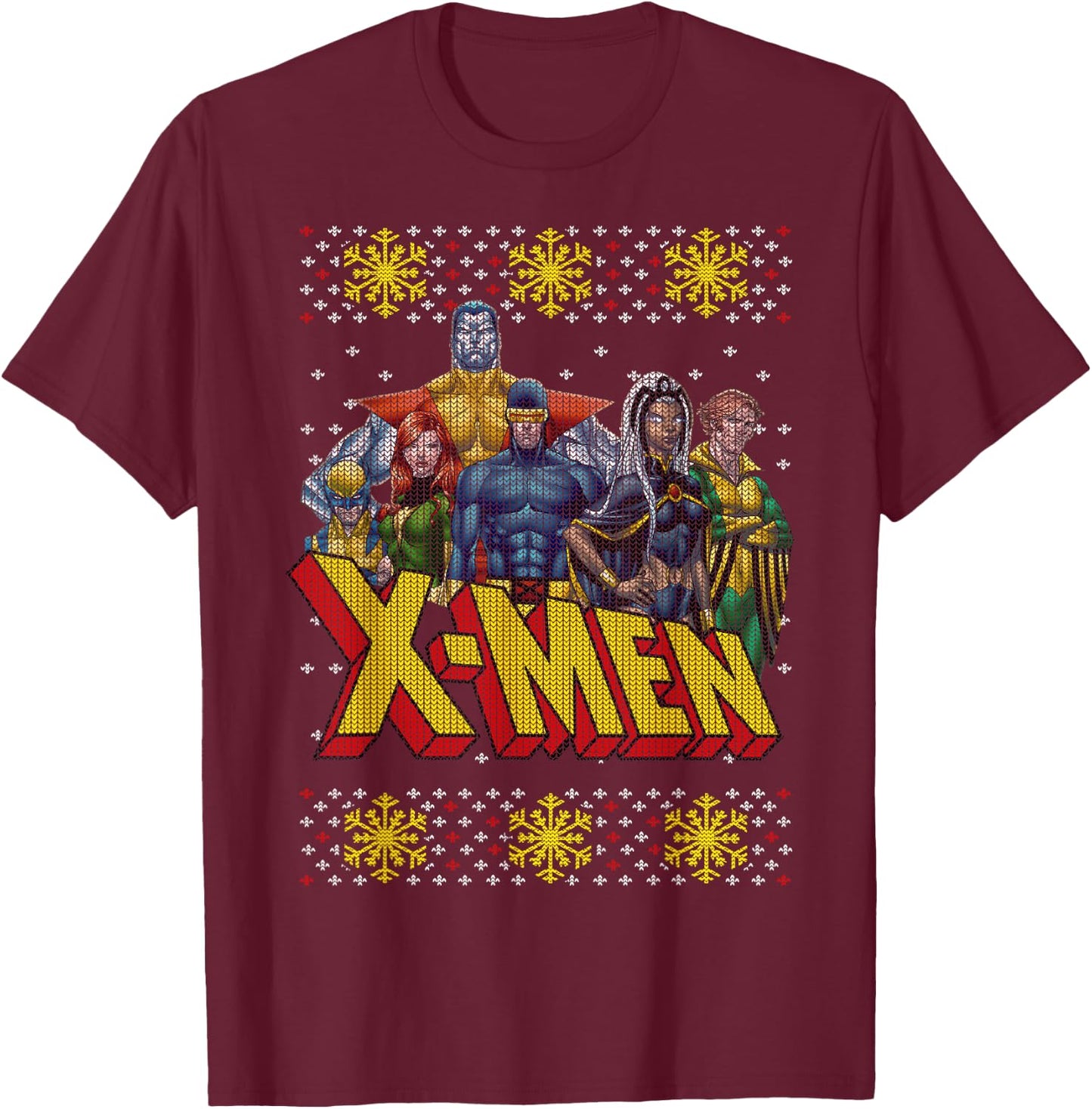 Marvel X-Men Group Ugly Christmas Sweater Graphic T-Shirt - T-Shirt | Maroon