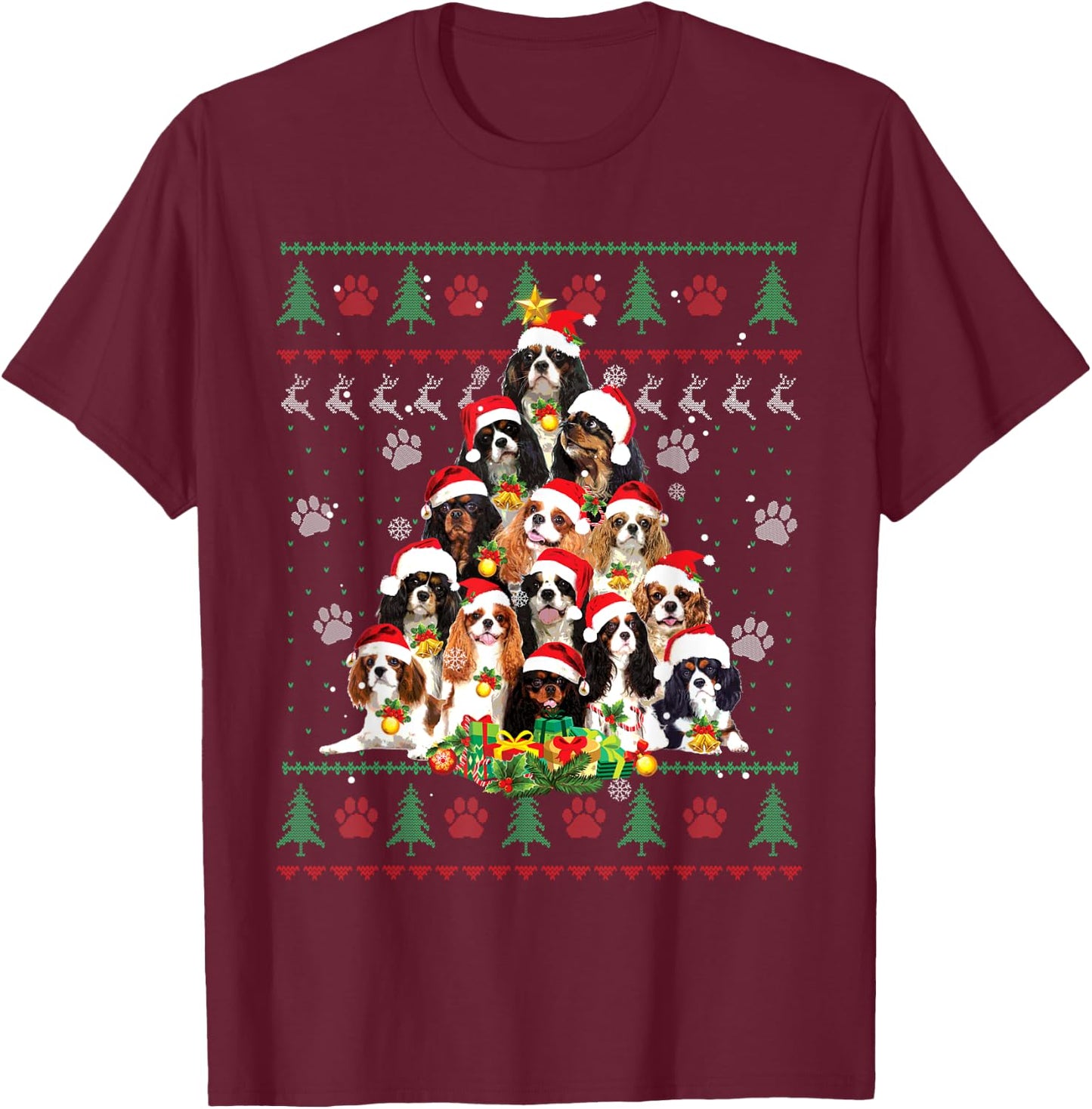 Cavalier King Charles Spaniel Christmas Tree Ugly Sweater T-Shirt - T-Shirt | Maroon