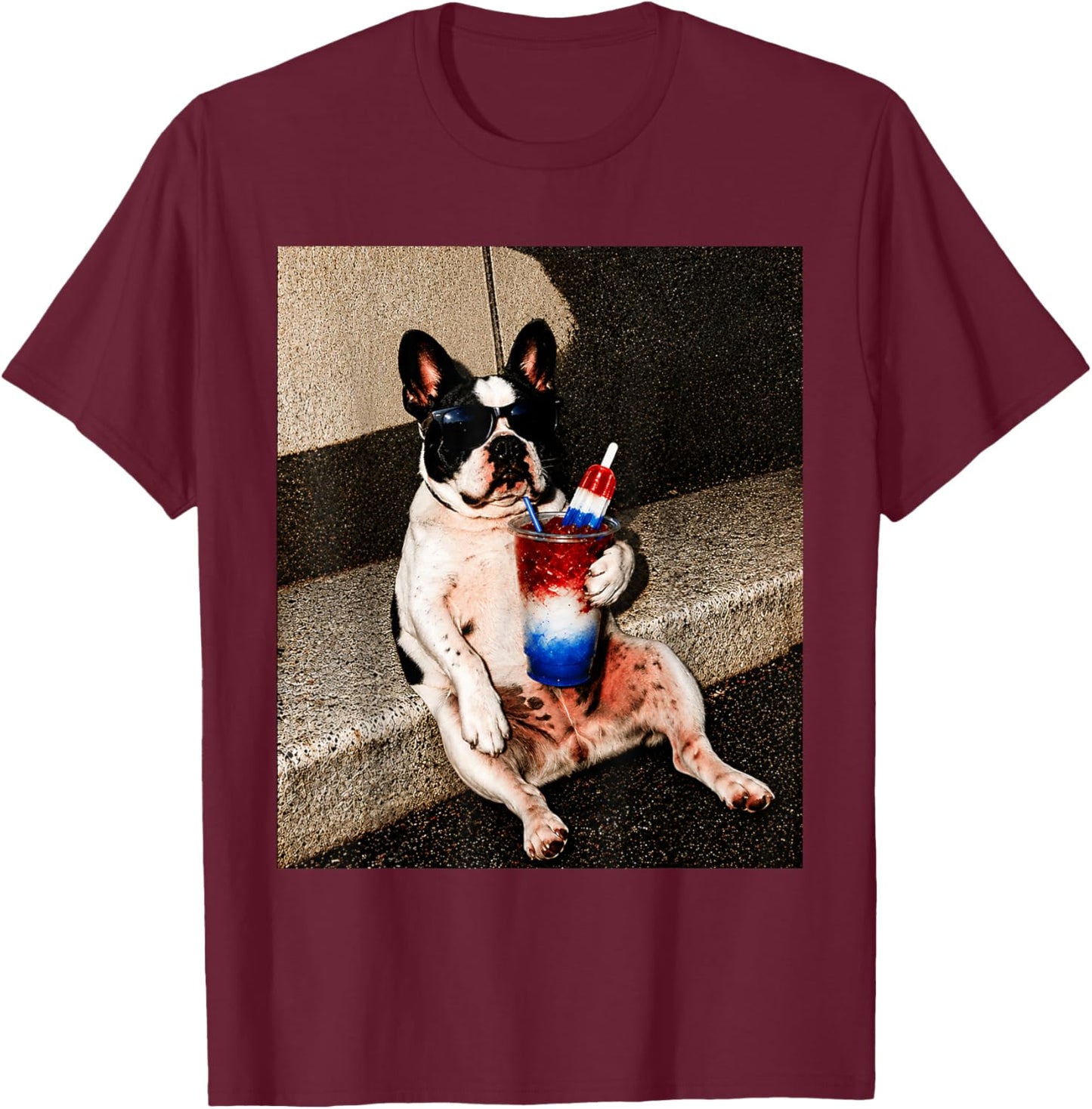 Patriotic French Bulldog Drinking Slushie Red White Blue T-Shirt - T-Shirt | Maroon