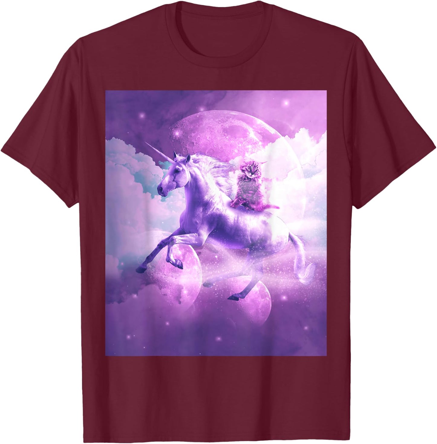 Kitty Cat Riding On Flying Space Galaxy Unicorn T-Shirt - T-Shirt | Maroon