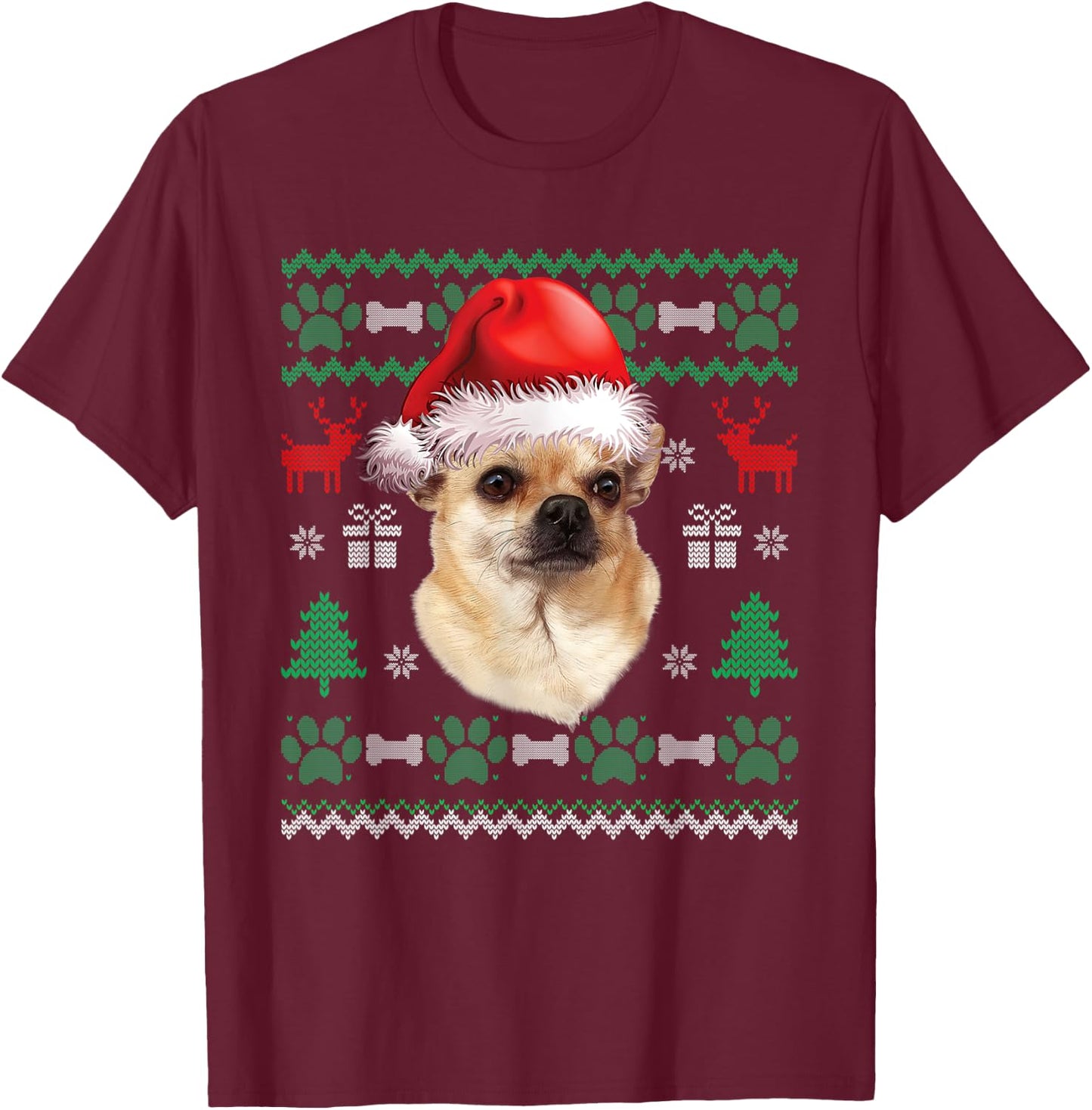 Chihuahua Santa Hat Christmas Ugly Sweater Pajama T-Shirt - T-Shirt | Maroon