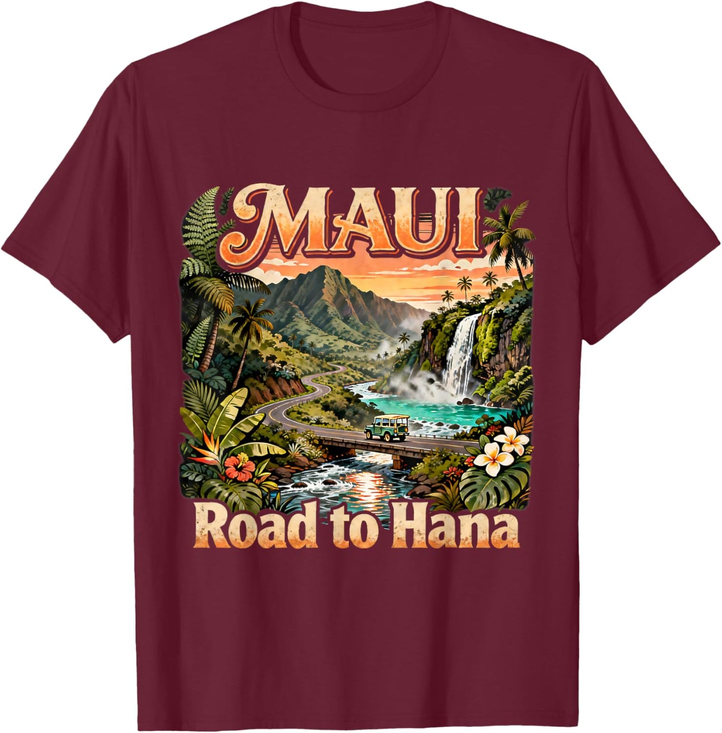 Vintage Maui Road to Hana Waterfall Tropical Summer Souvenir T-Shirt - T-Shirt | Maroon