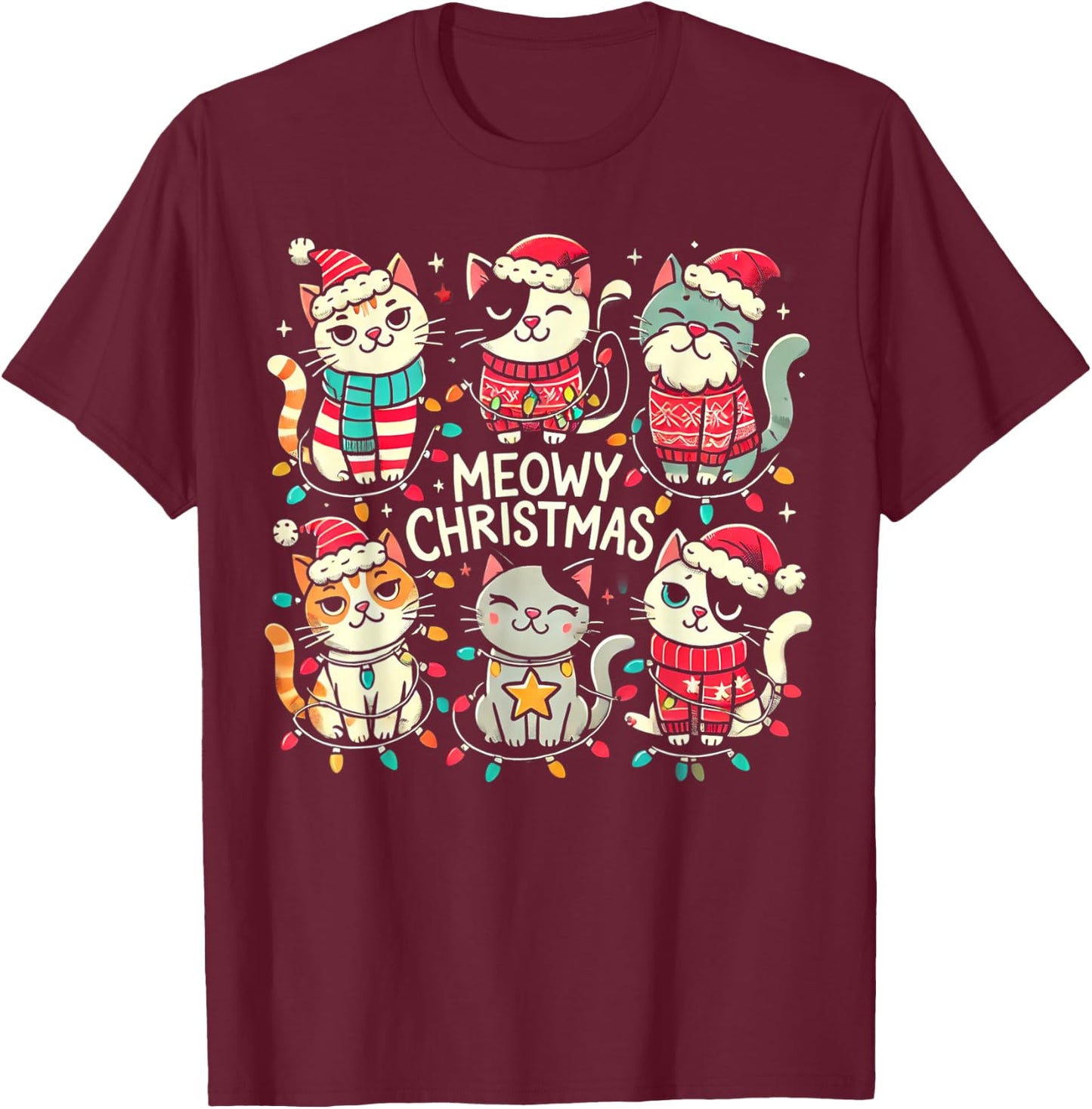 Cute Christmas Cats in Festive Outfits Design with Holiday T-Shirt - T-Shirt | Maroon