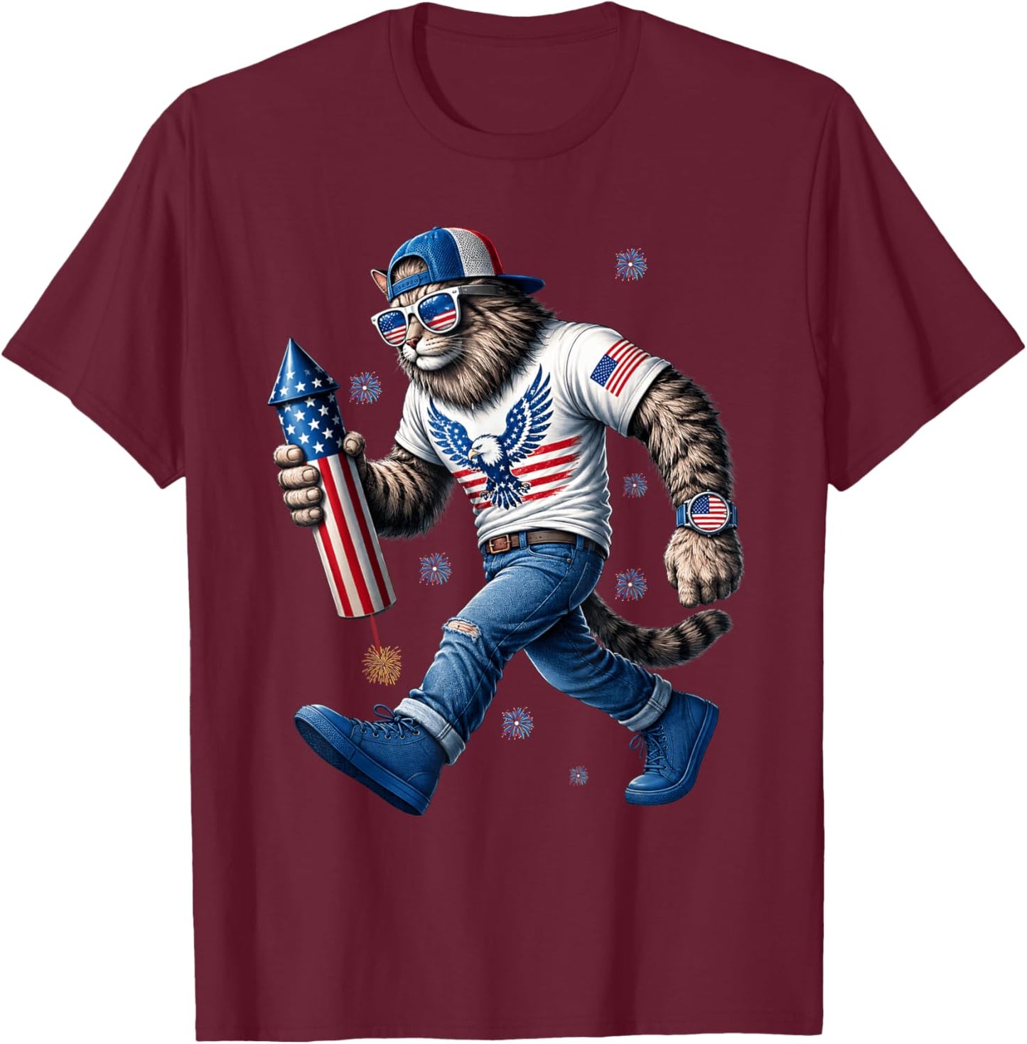 Patriotic Cat USA Flag Fireworks 4th of July Woman T-Shirt - T-Shirt | Maroon