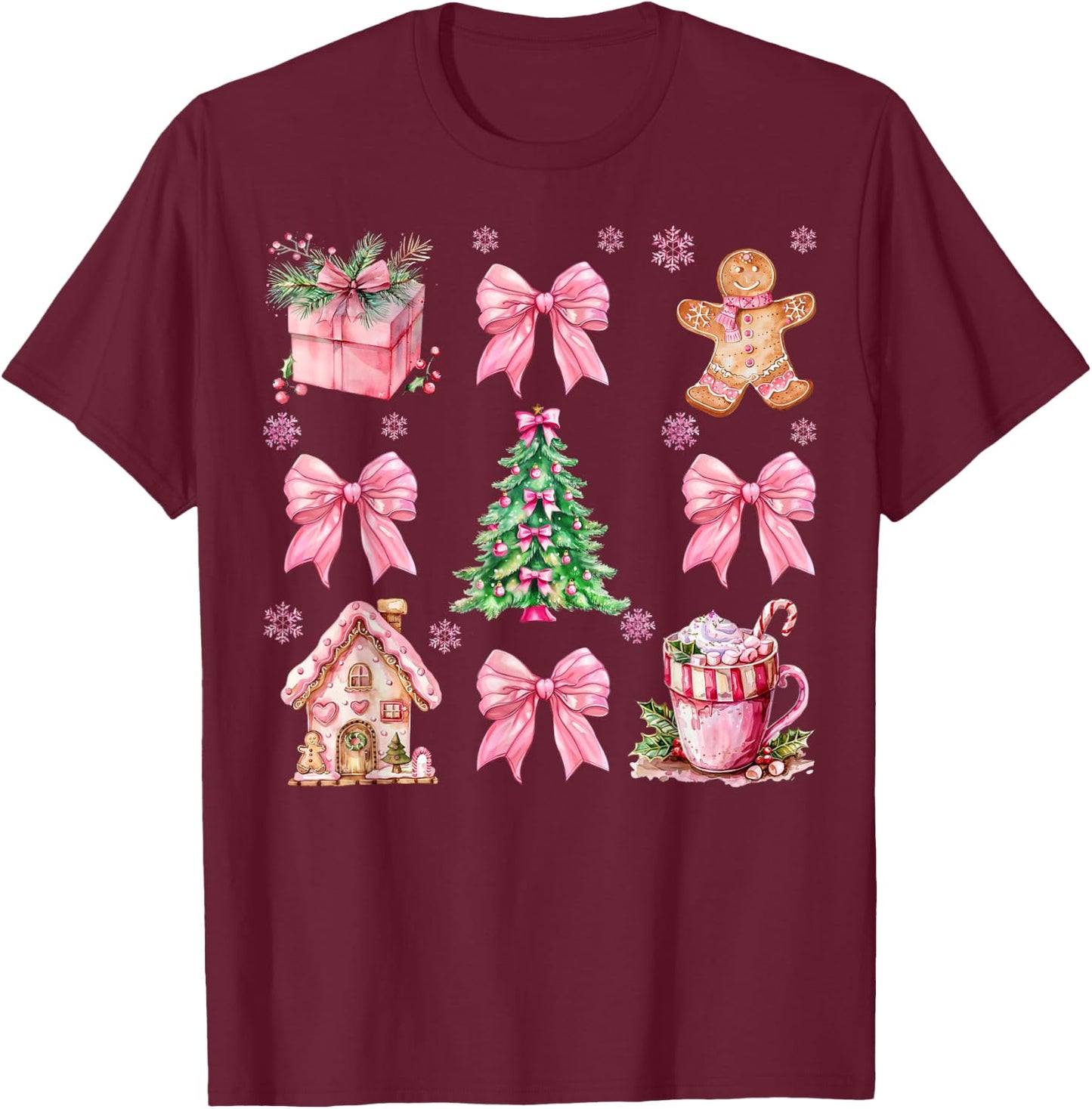 Christmas Coquette Bow Pink Gingerbread Xmas Girls Holiday T-Shirt - T-Shirt | Maroon