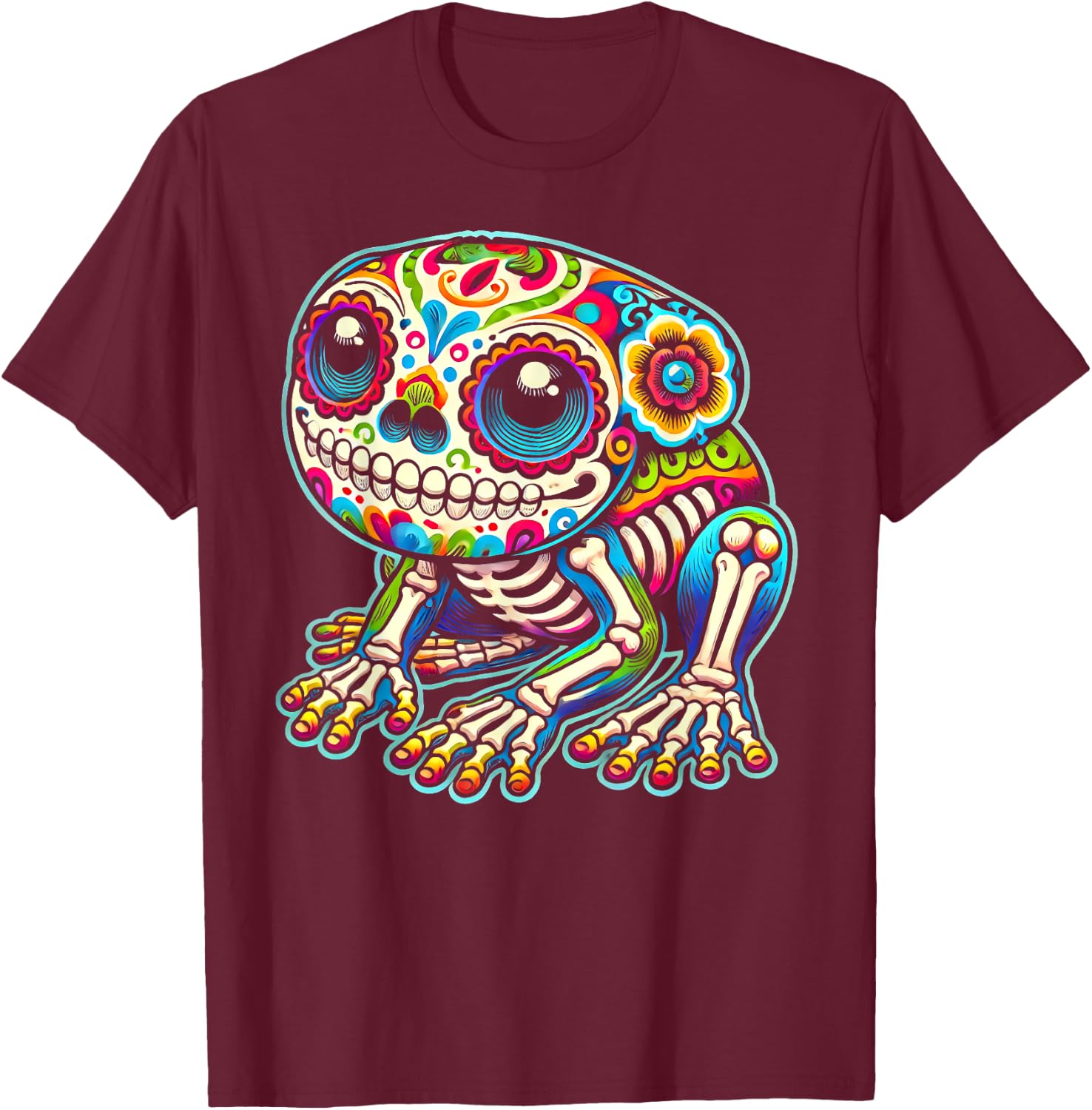 Cute Sugar Skull Frog Day of the Dead Colorful Skeleton Art T-Shirt - T-Shirt | Maroon