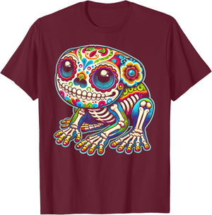 Cute Sugar Skull Frog Day of the Dead Colorful Skeleton Art T-Shirt - T-Shirt | Maroon