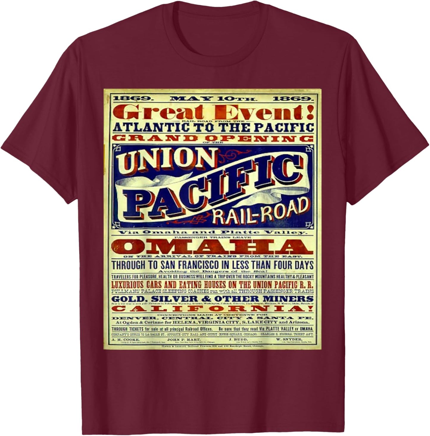 Wild West, Union Pacific Railroad, historic treasure t shirt T-Shirt - T-Shirt | Maroon