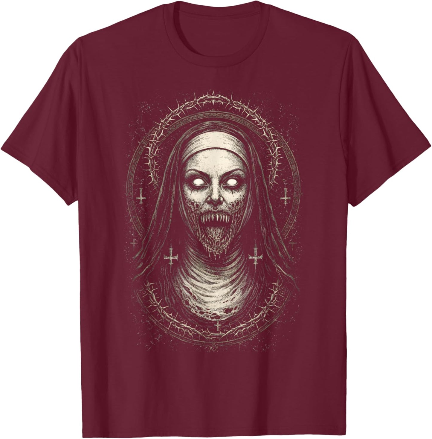 Creepy Dark Nun Horror Gothic Unholy Aesthetic Demon T-Shirt - T-Shirt | Maroon