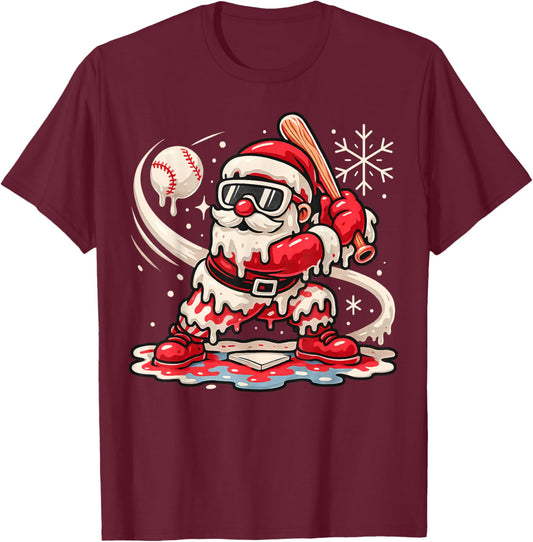Cute Santa Claus Playing Baseball Drip Boys Kids Christmas T-Shirt - T-Shirt | Maroon