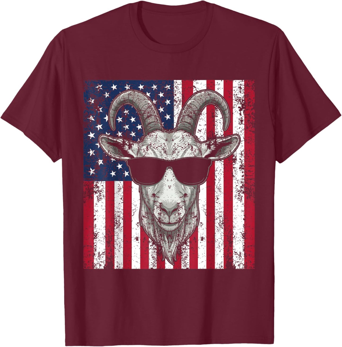 USA American Flag Patriotic Goat Sunglasses Graphic T-Shirt - T-Shirt | Maroon