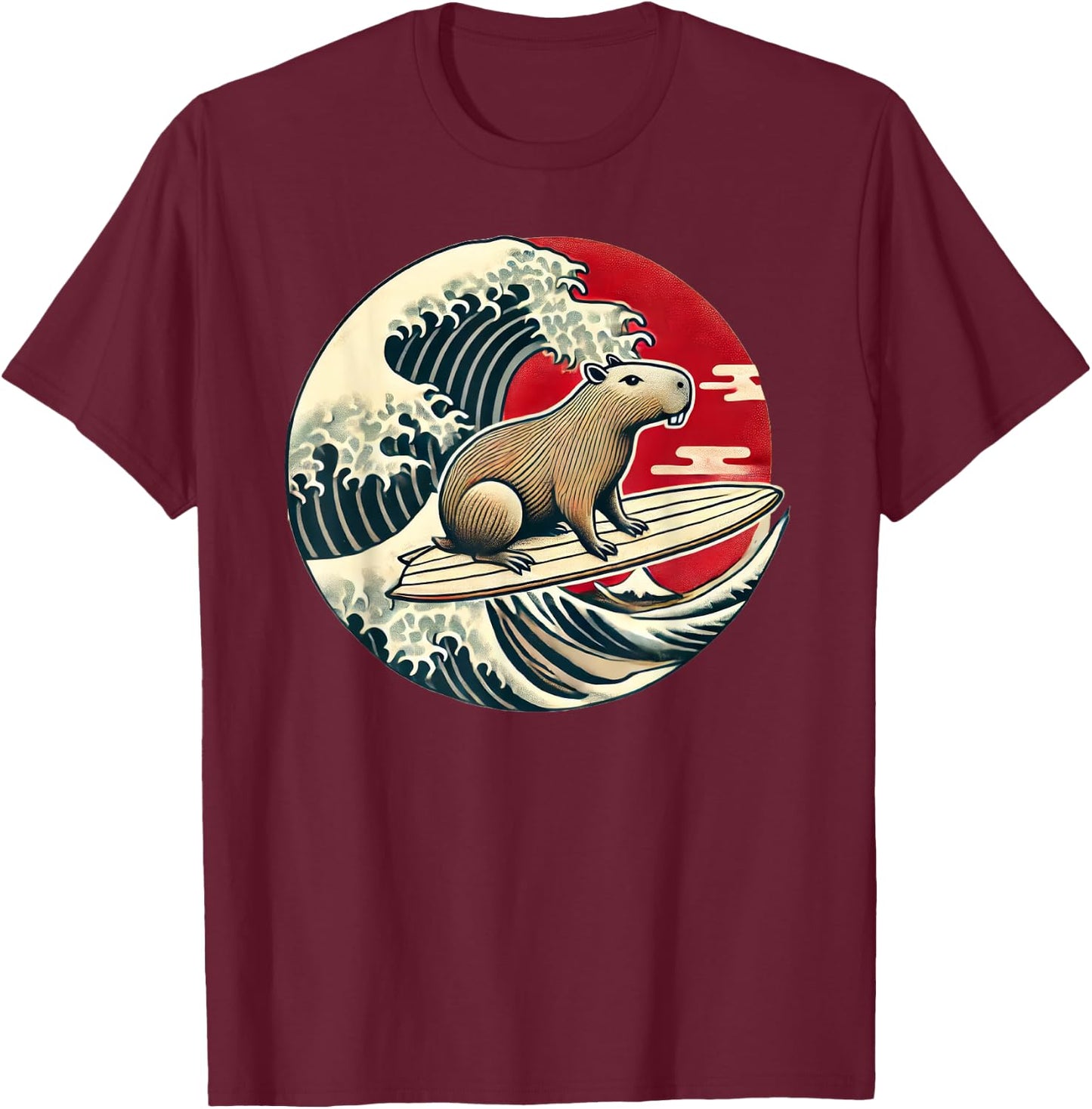 Capybara Japanese Kanagawa Wave Surfing T-Shirt - T-Shirt | Maroon