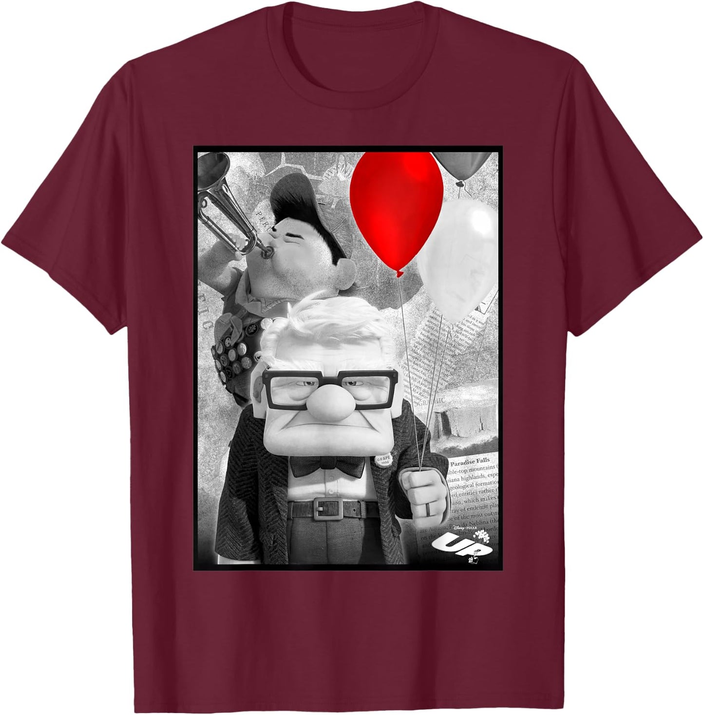 Disney Pixar Up Carl & Russell Vintage Retro Trumpet Picture T-Shirt - T-Shirt | Maroon
