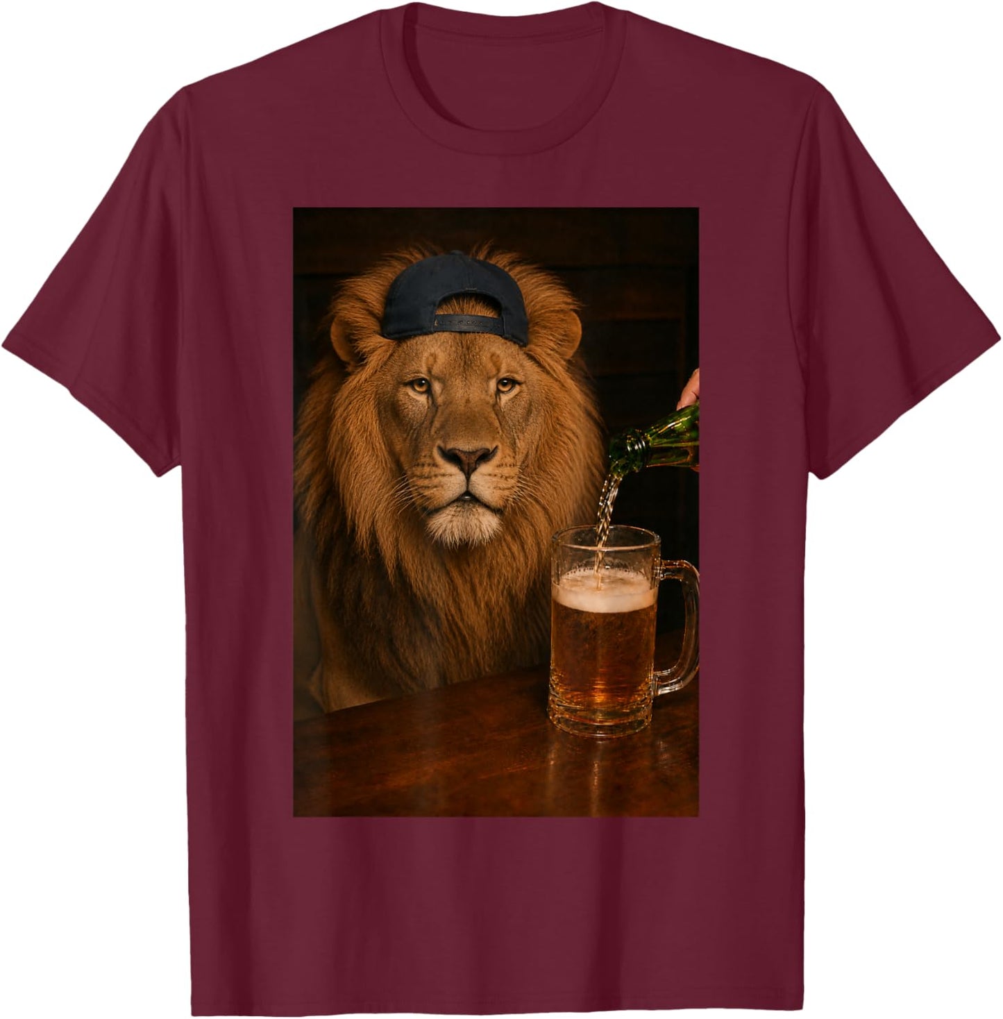 Lion Drinking Beer Drinker Wild Animal Funny Meme Humor T-Shirt - T-Shirt | Maroon