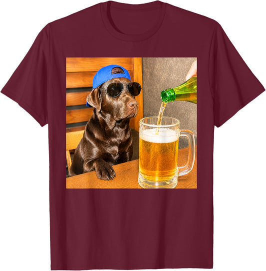 Chocolate Lab Drinking Beer Funny Dog Meme Art T-Shirt - T-Shirt | Maroon