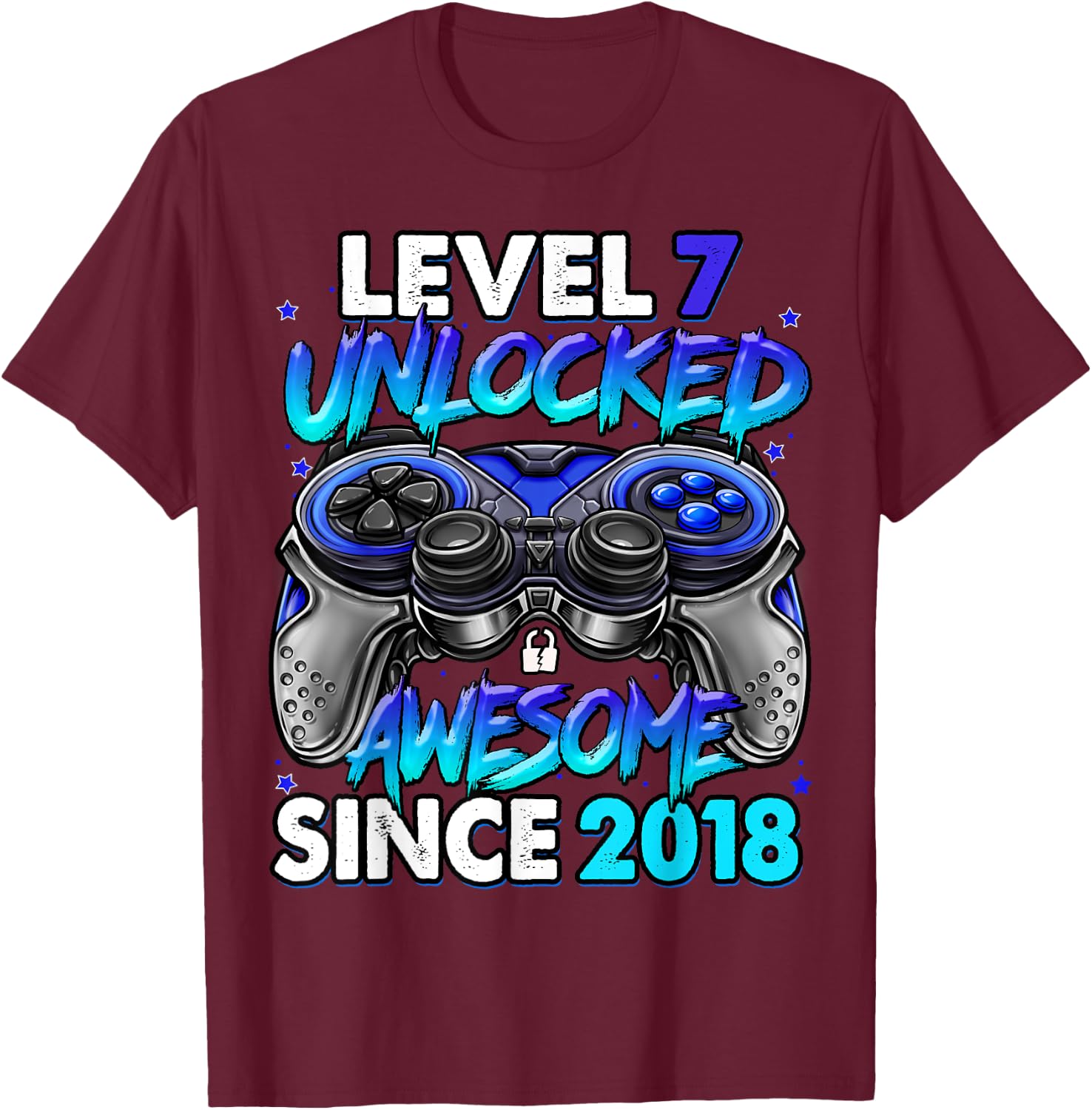 Level 7 Unlocked Awesome Since 2018 7th Birthday Gaming T-Shirt - T-Shirt | Maroon