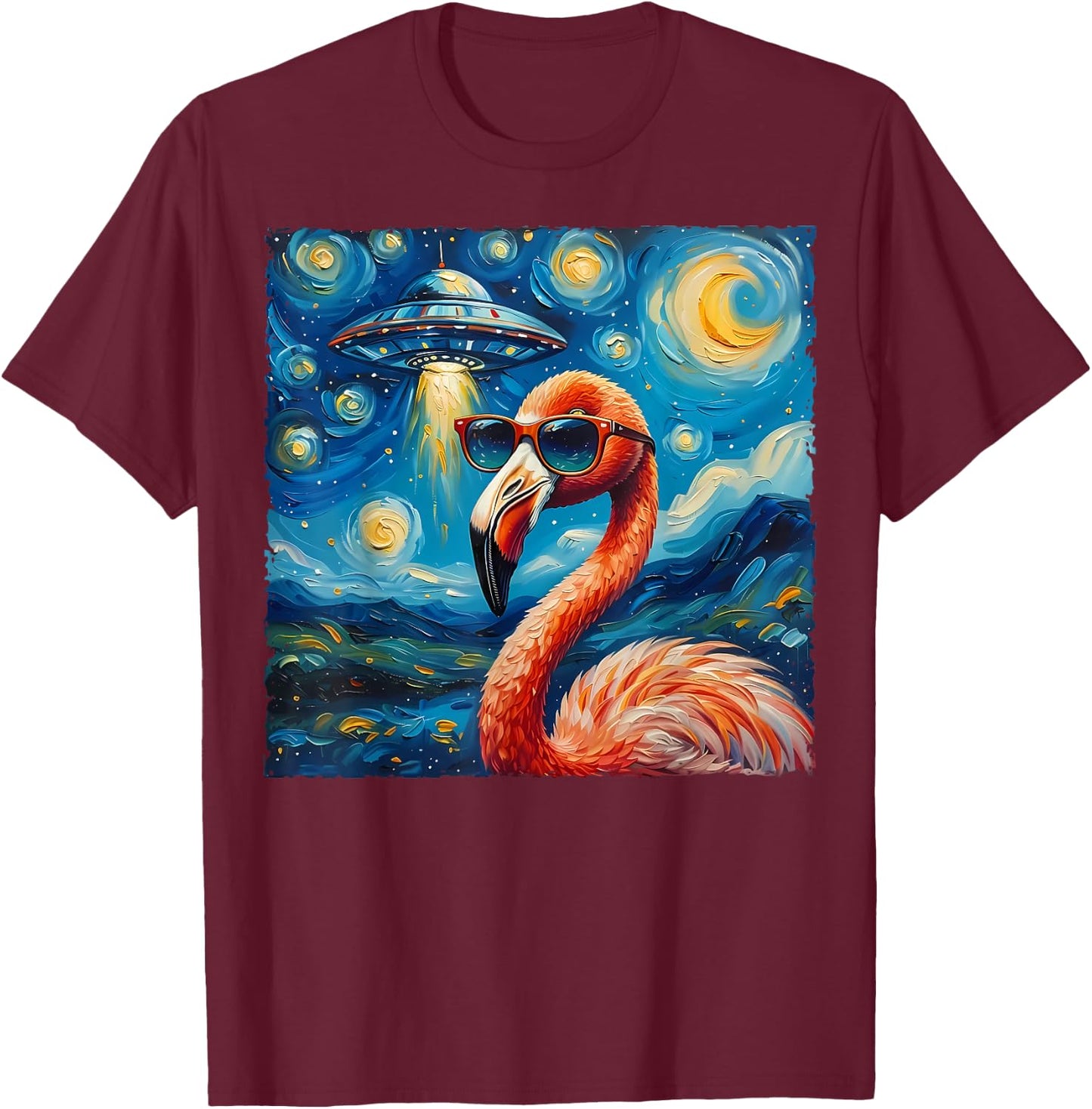 Flamingo Van Gogh Style The Starry Night Alien UFO Sci-Fi T-Shirt - T-Shirt | Maroon
